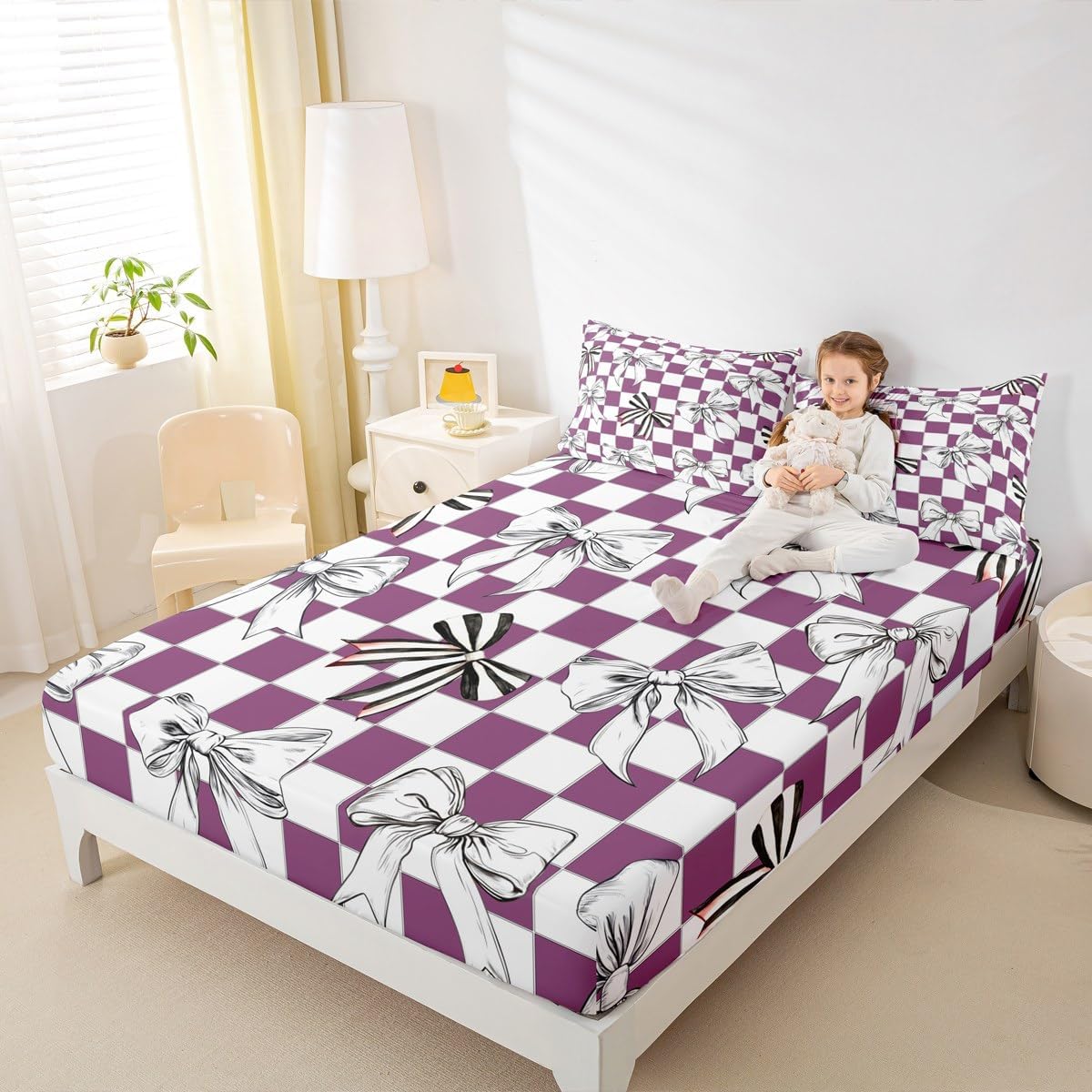 Erosebridal Stripes Bow Queen Fitted Sheet,Purple White Checkered Bedding Set Cute Plaid Bowknot Bed Sheets for Kids Girls Teen Adults,Modern Fashion Bed Cover Bedroom Decor