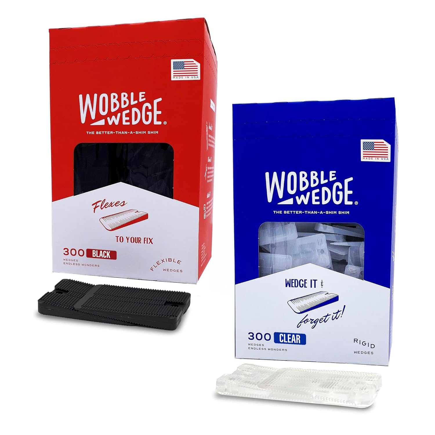 Wobble Wedges Flexible & Rigid Plastic Shims (300-Pack) – Multi-Purpose Leveling Shims for Furniture, Tables, Toilets & Appliances – Made in USA, Black & Translucent Options for Home & Workplace