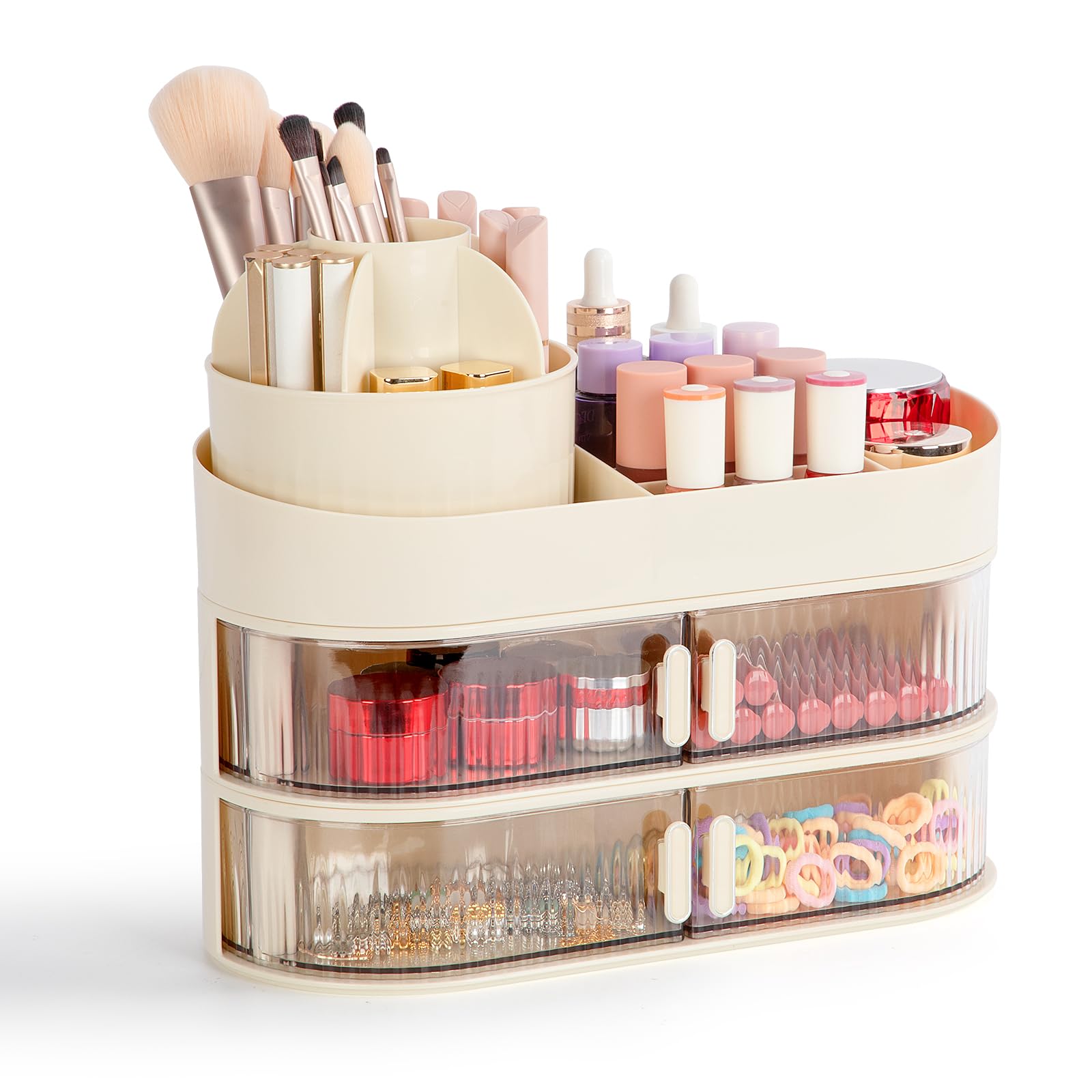 FoiiLiio Make Up Organizer per Cosmetici con 2 Rotazione Cassetti, Grande Porta Cosmetici Multifunzionale con Rotazione a 360°, per trucco adatto per gioielli, spazzole, rossetto e creme (Beige)