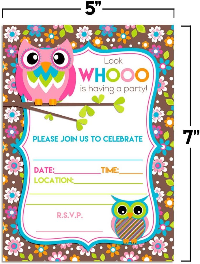 Owl Themed Birthday Party Celebration Invitations 20 5x7 Fill In Cards with Twenty White Envelopes by AmandaCreation Look Whoo is having a birthday!