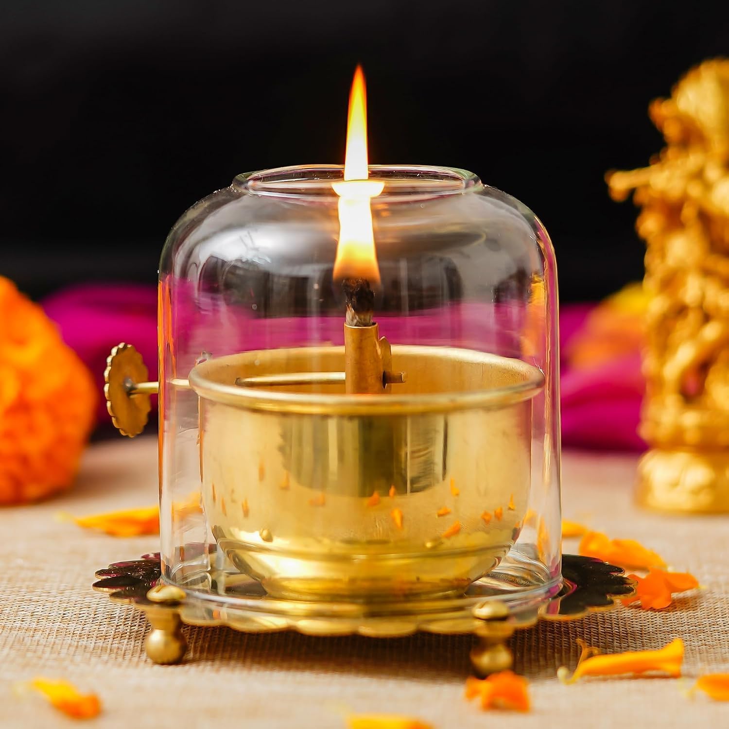 Webelkart Antique Akhand Diya Qith Adjustable Bati for Puja Decor|Oil Puja Lamp for Aarti Pooja Article Metal Diya for Diwali ( 4" Inches- Metal )