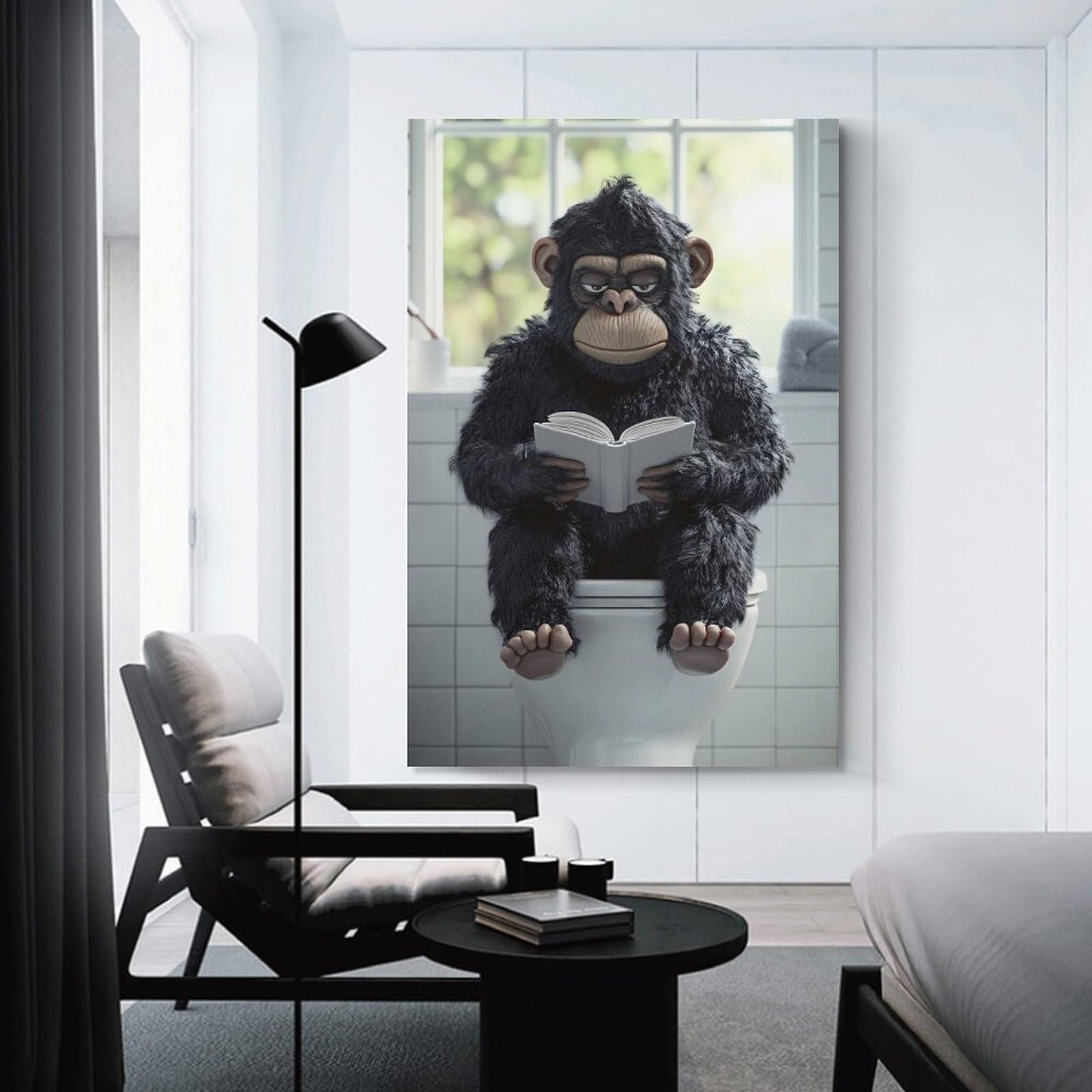 Junmoney Chimpanzee Reading on The Toilet Room Decor Wall Art 20x30inch(50x75cm), for Bedroom, Guest Room Or Reading Nook, An Easy Wall Refresh for Bedrooms