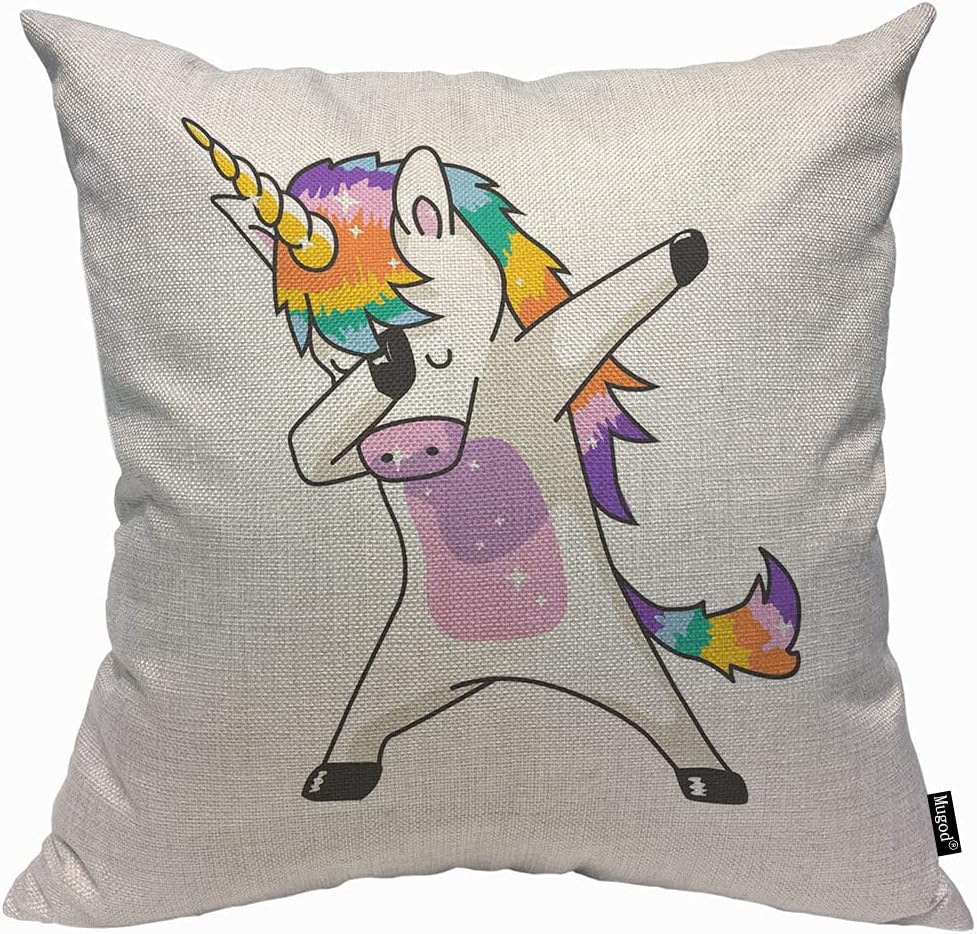 Mugod Funda de cojín con diseño de unicornio de dibujos animados, funda de almohada de dabbing divertida para hombres y mujeres, decoración para el hogar, sofá, silla, sofá, 45 x 45 cm