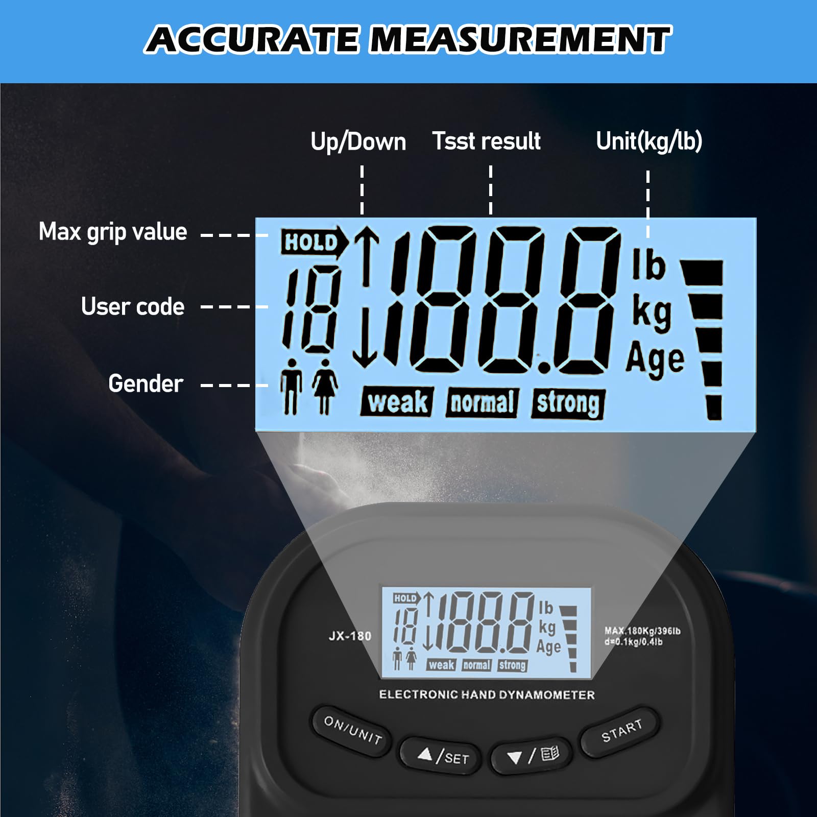 Vegena Dynamomètre de Force Manuelle, 198 Livres/90 Kilogrammes, Dynamomètre de Préhension avec Affichage LED et Câble de Chargement USB, Appareil de Mesure de La Force de La Main