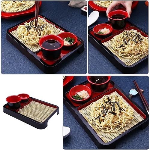 Miniatura 8 de 2 juegos de bandejas de fideos fríos de estilo japonés con alfombrilla de bambú, placa rectangular de fideos Soba con taza y plato para salsa, 9.84