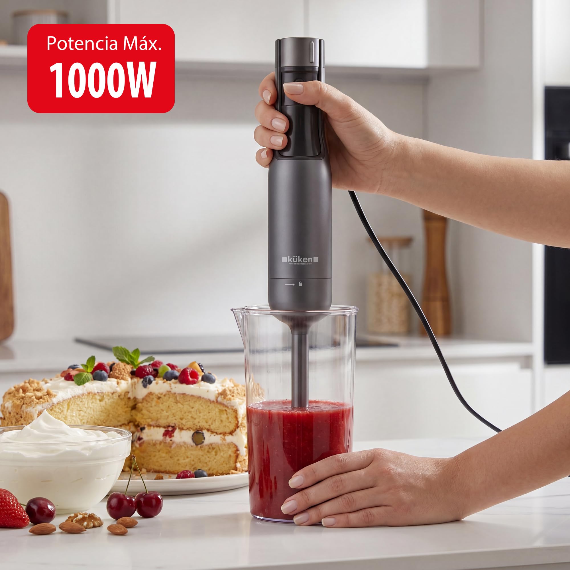 KUKEN Batidora De Mano 1000W Con Accesorios, Minipimer Profesional Con 9 Velocidades, Batidora Brazo Inox Con Pantalla LCD, Picadora, Varillas Y Vaso Graduado
