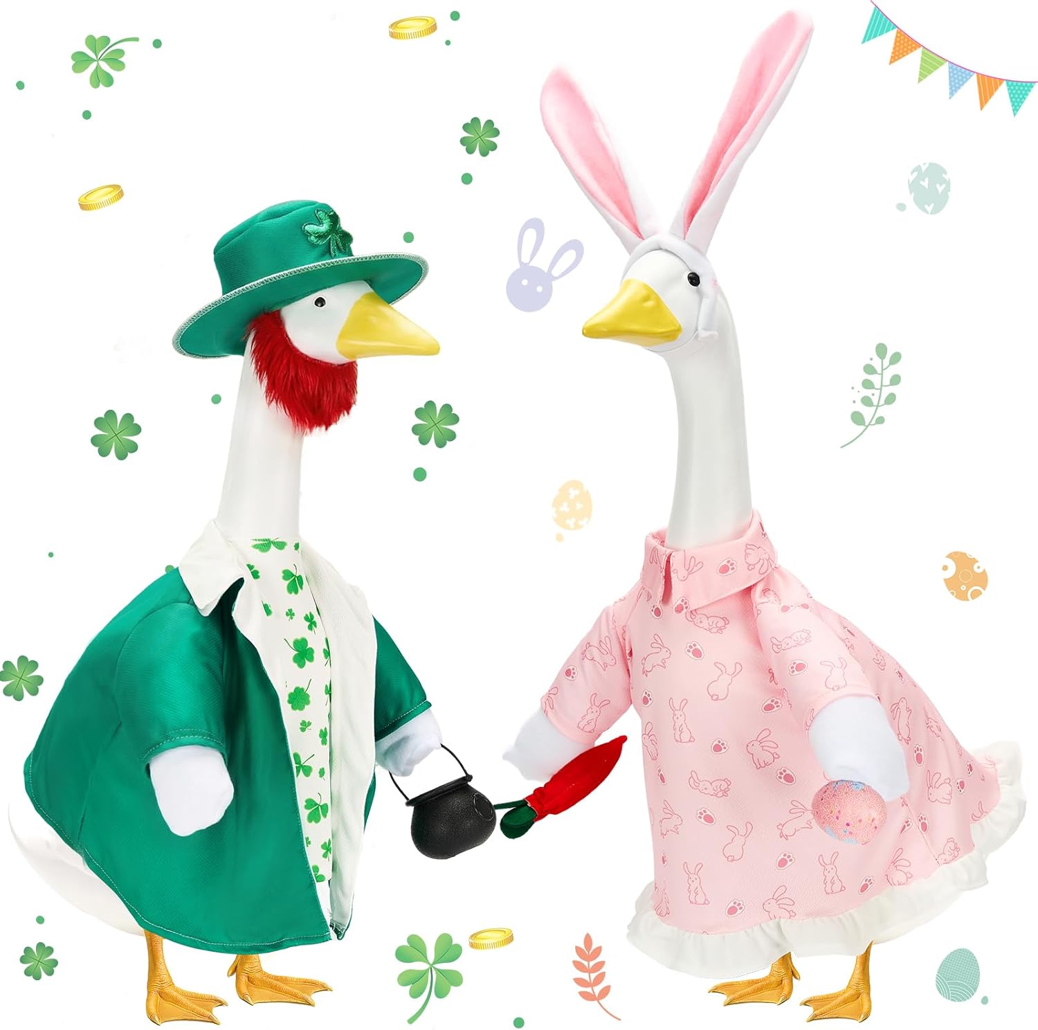 Porch Goose Outfits St. Patrick's Day Leprechaun Boy & Easter Bunny Girl Costumes, Geese Clothes Fits 23" Plastic, Cement, & Concrete Goose Statues - Garden, Patio, Yard & Lawn Decor