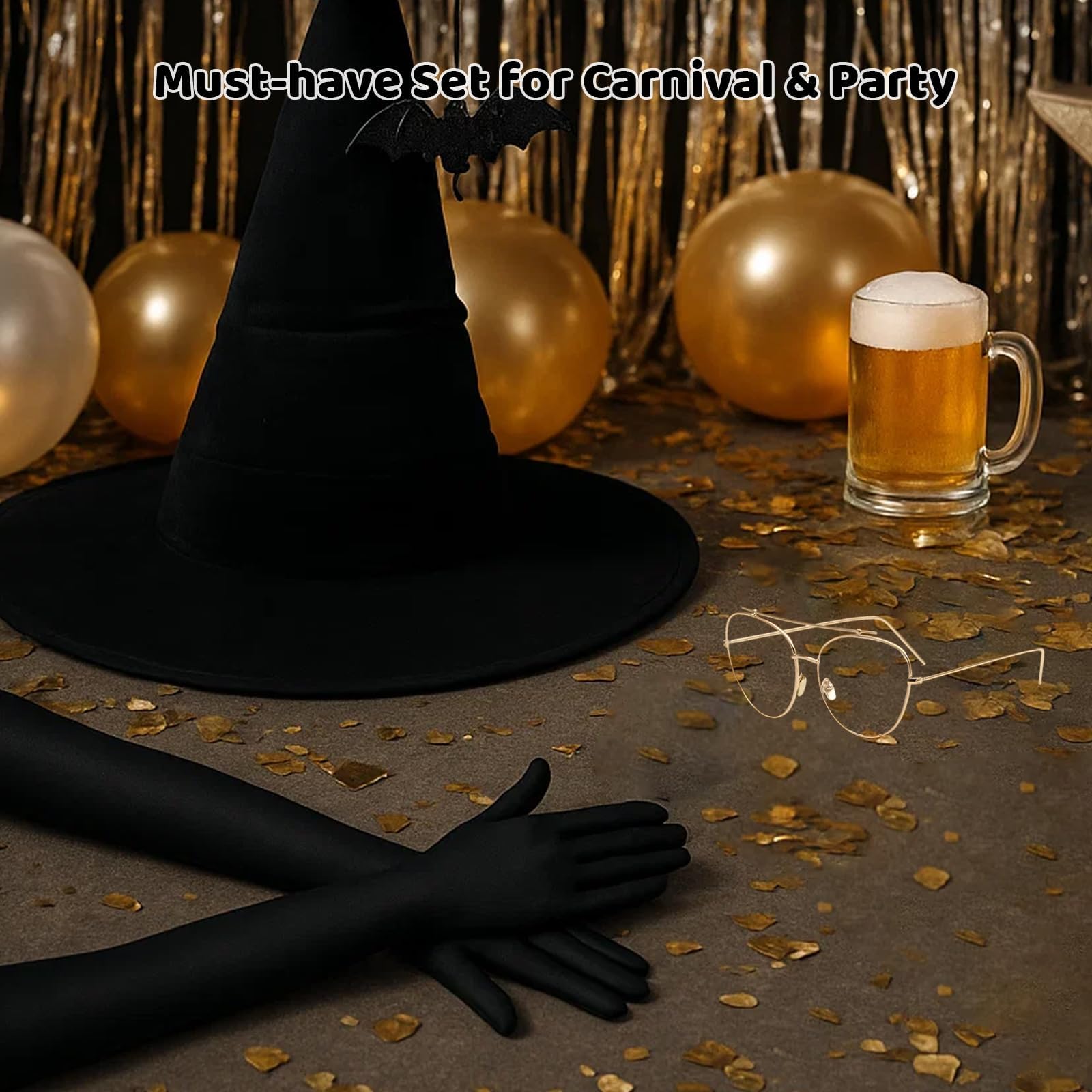 3 Pcs Halloween Hats for Women Accessories Wizard Hat with Bat Pendant, Gold Rimmed Glasses, Elegant Black Gloves - Image 4