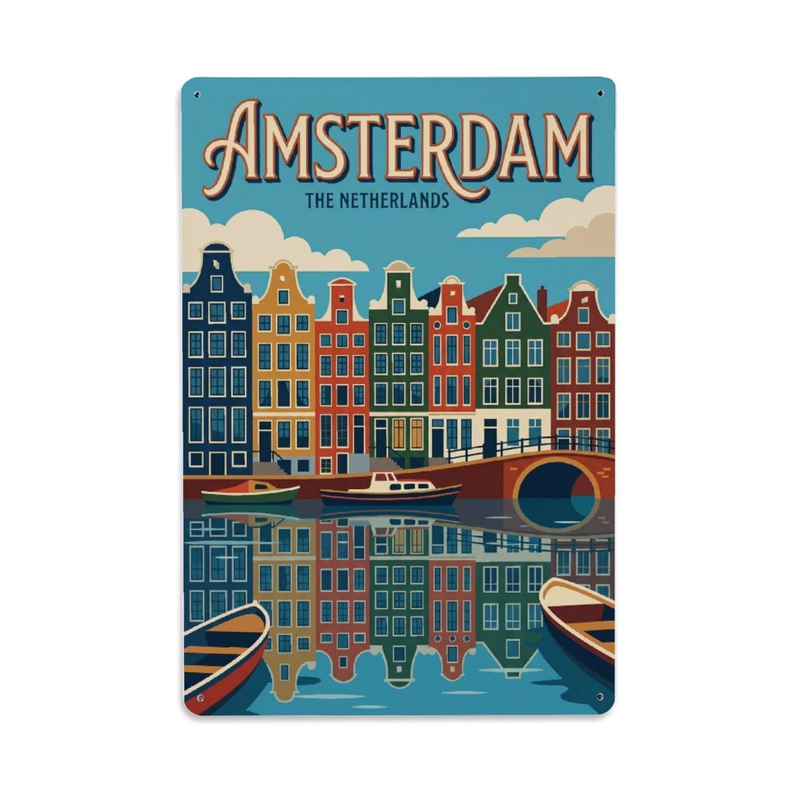 Vintage Travel Waterside Netherlands Colorful Metal Tin Sign Plaque Wall Decor for Cafe, Club Bar, Office, Home Garden Metal Poster 8x12Inch