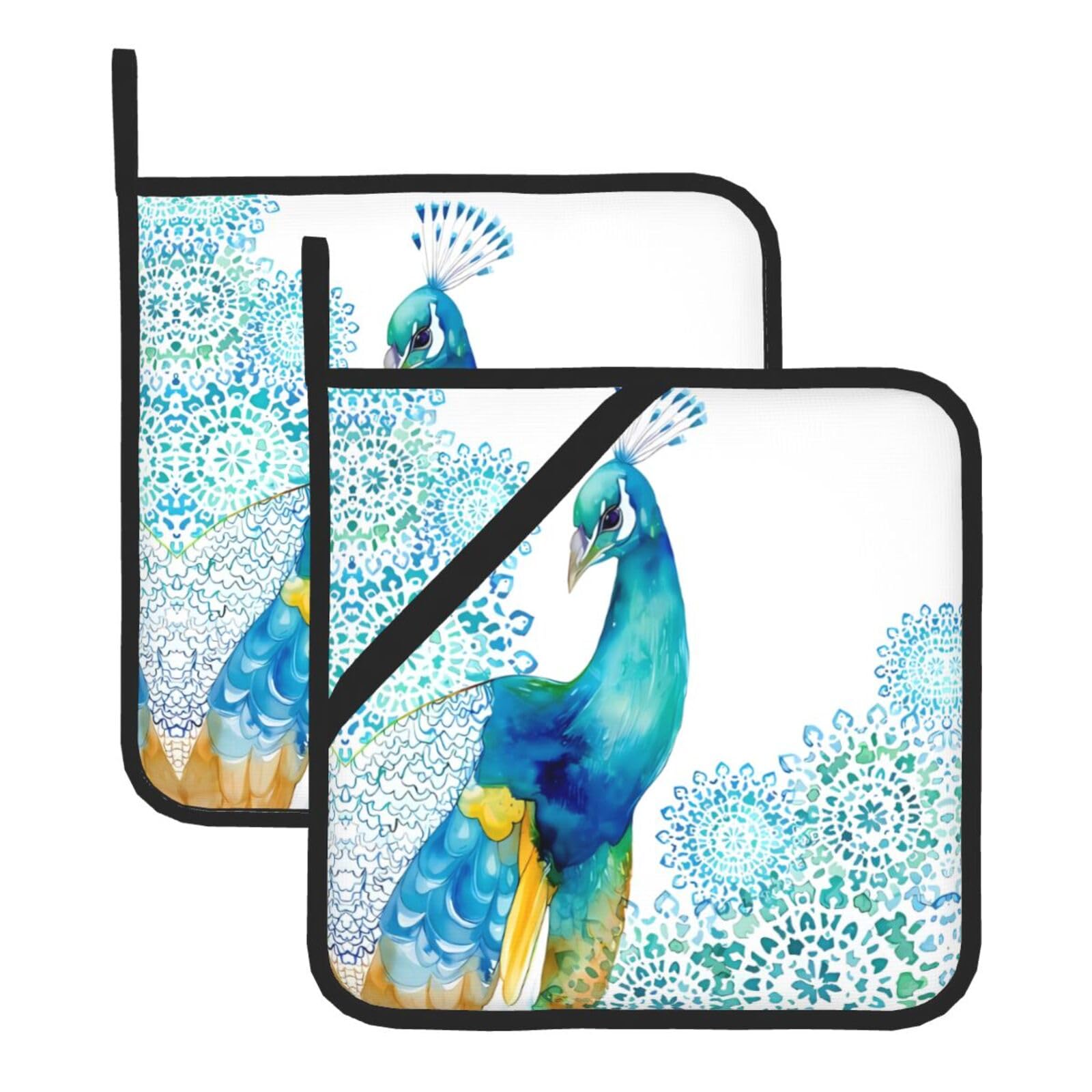 HJFCZH Beautiful Peacock and Floral Prints Square Hot Pads for Kitchen Counter - Waterproof Pot Holders, Durable Heat Resistant Throw Layers for Serving, Oven & BBQ - 2 Pack