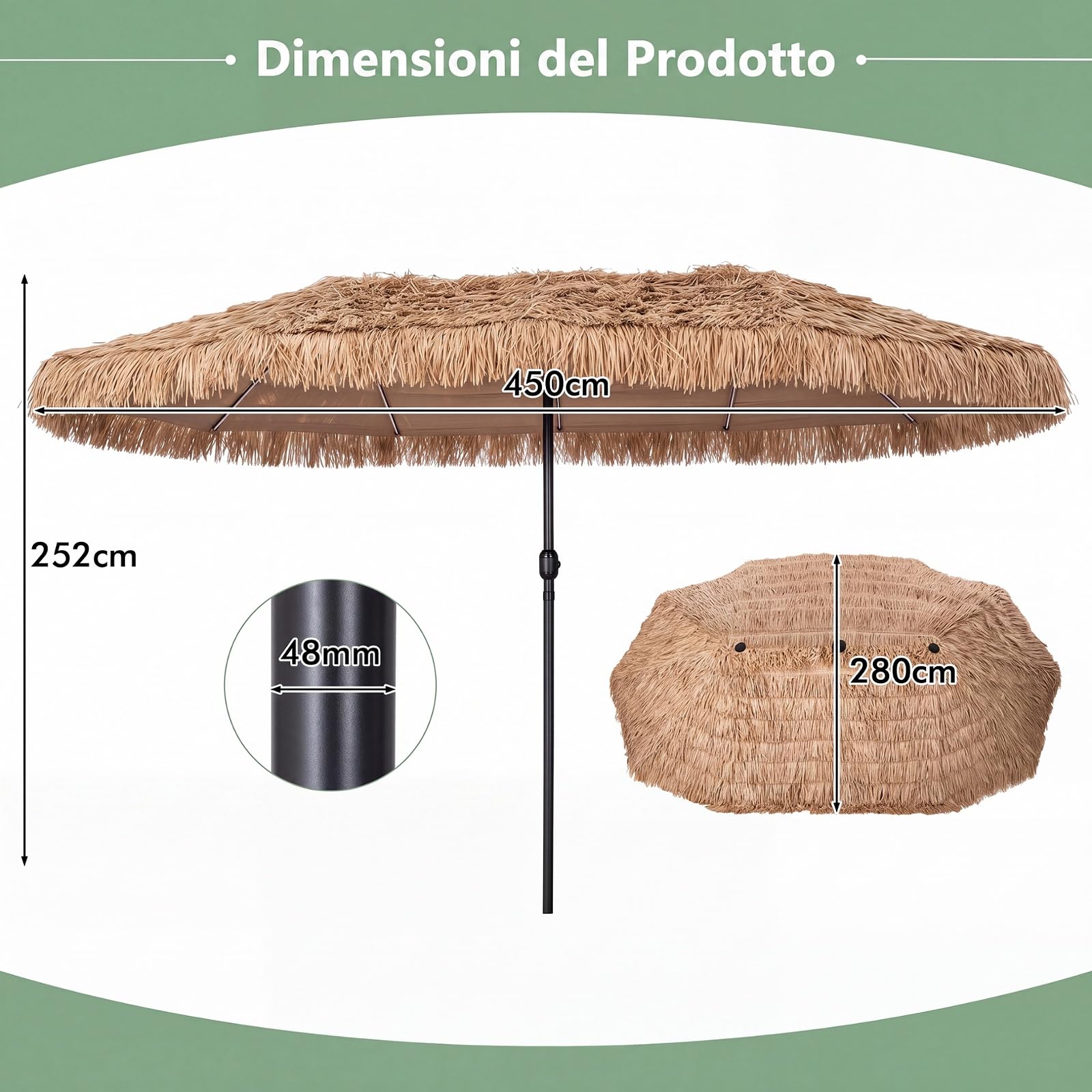 COSTWAY Ombrellone da Giardino in Paglia 450 x 270 cm, con 12 Stecche | Manovella, Antivento, Pieghevole Portatile, Ombrellone Hawaiano per Giardino, Cortile e Piscina