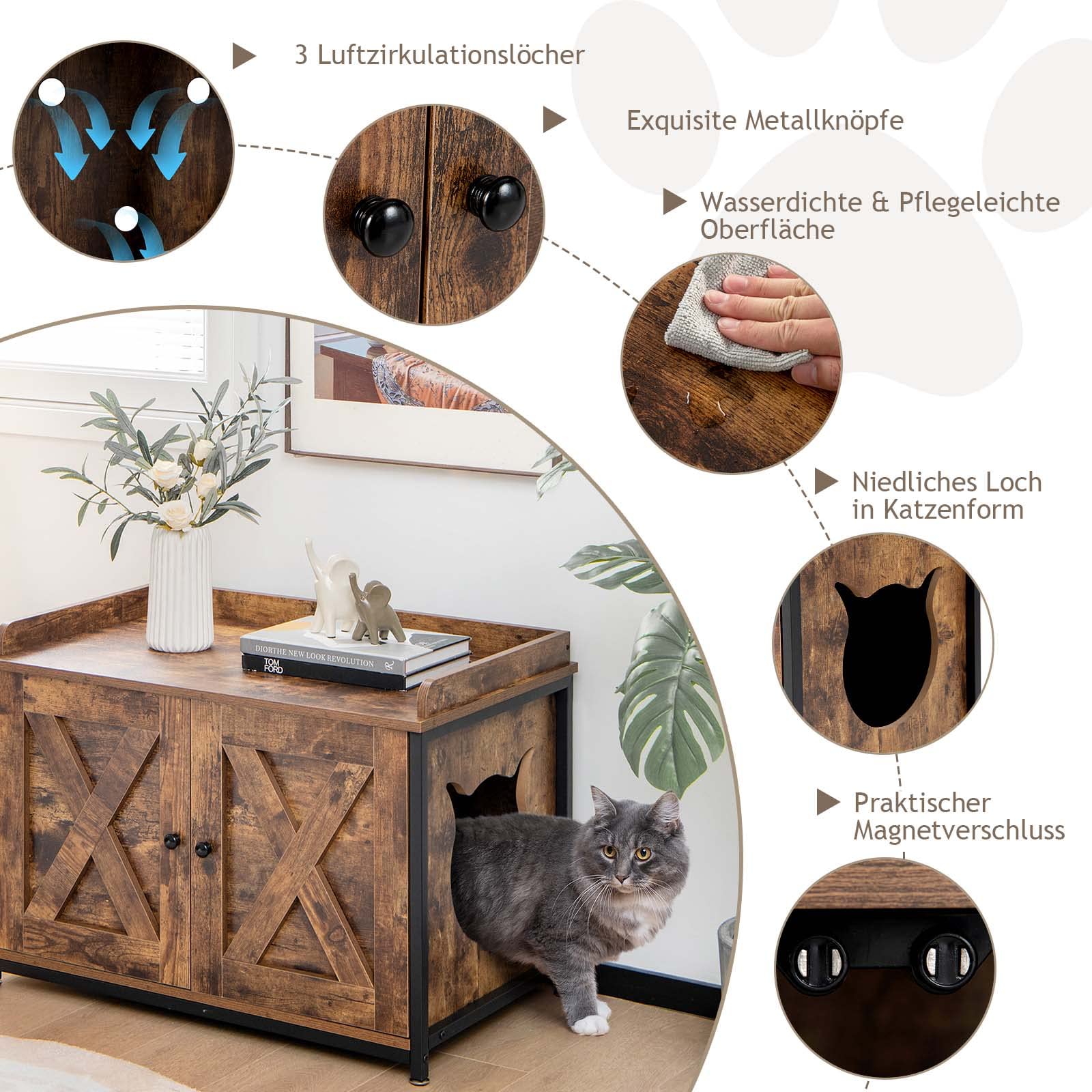 COSTWAY Kattenkast, kattentoilet, kattenmand met 2 deuren en ingang, kattenhuis, kattenbak, kast, voor katten, honden, huisdieren, huisdierbox, vintage bruin