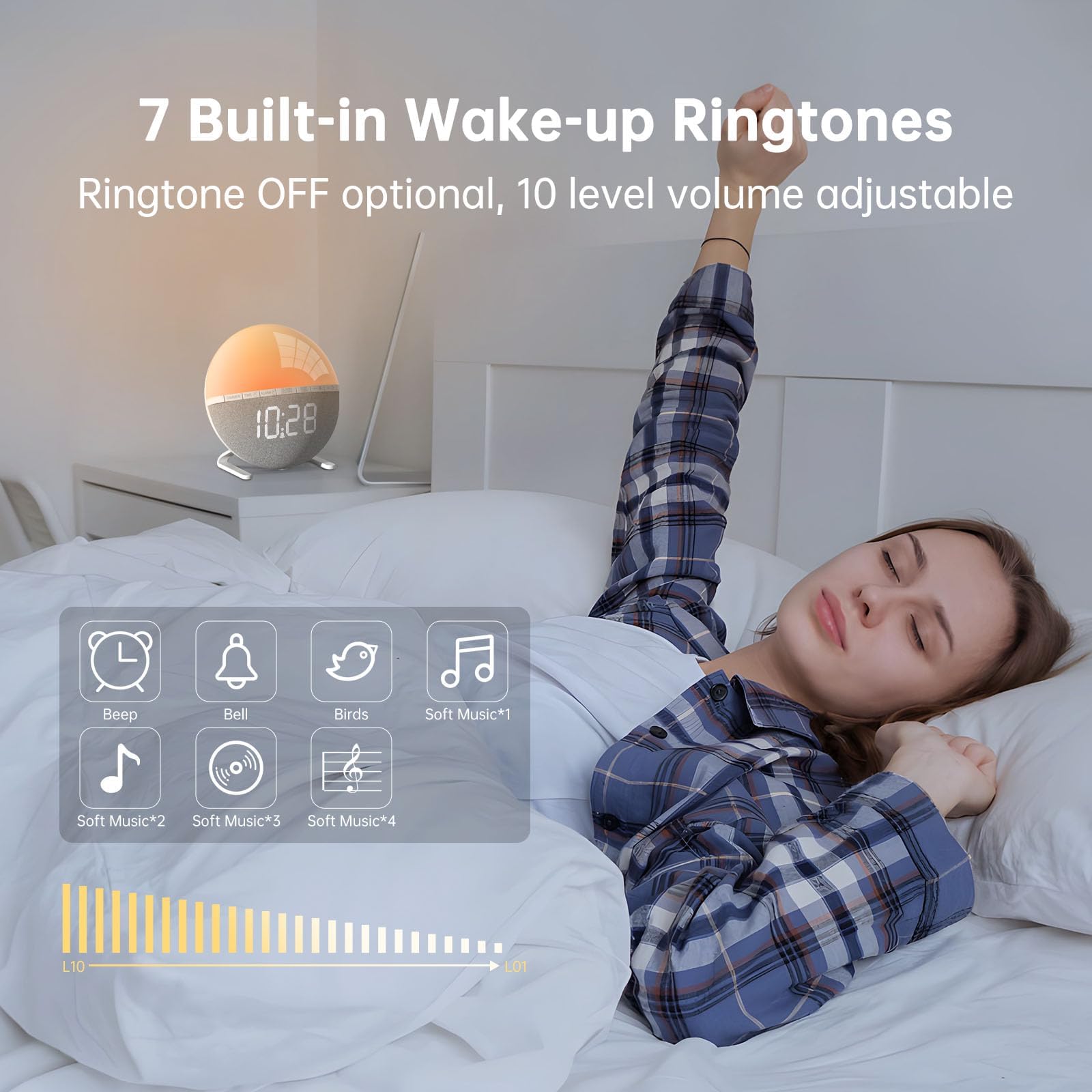 Réveil Lumineux avec Simulation du Lever du Soleil, Lampe de Réveil avec Snooze, 7 Sonneries, Veilleuse 9 Couleurs