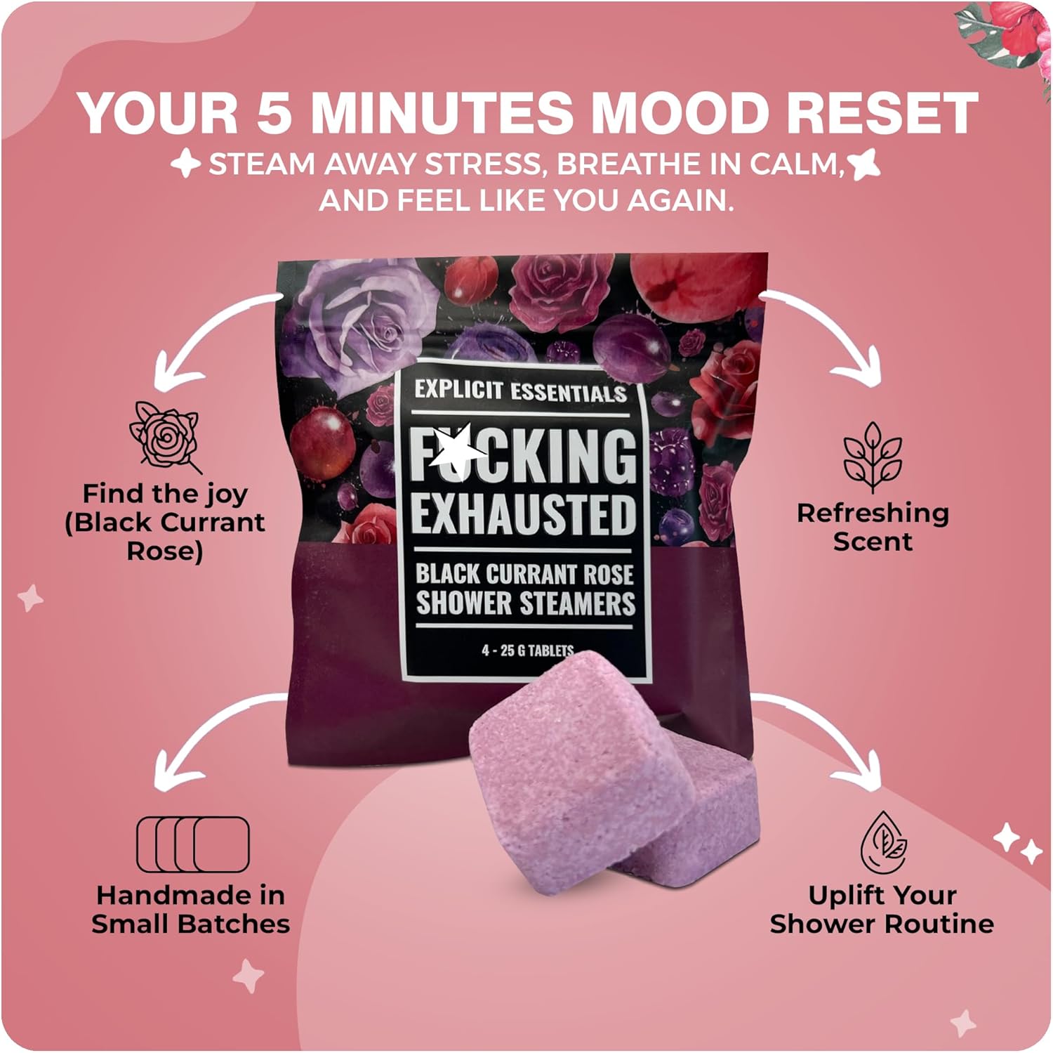 Explicit Essentials F Exhausted Shower Steamers | Black Currant Rose Aromatherapy Shower Steamer Tablets for Relaxation & Stress Relief | Spa Shower Gift for Self-Care, Birthdays & Holidays - Image 2