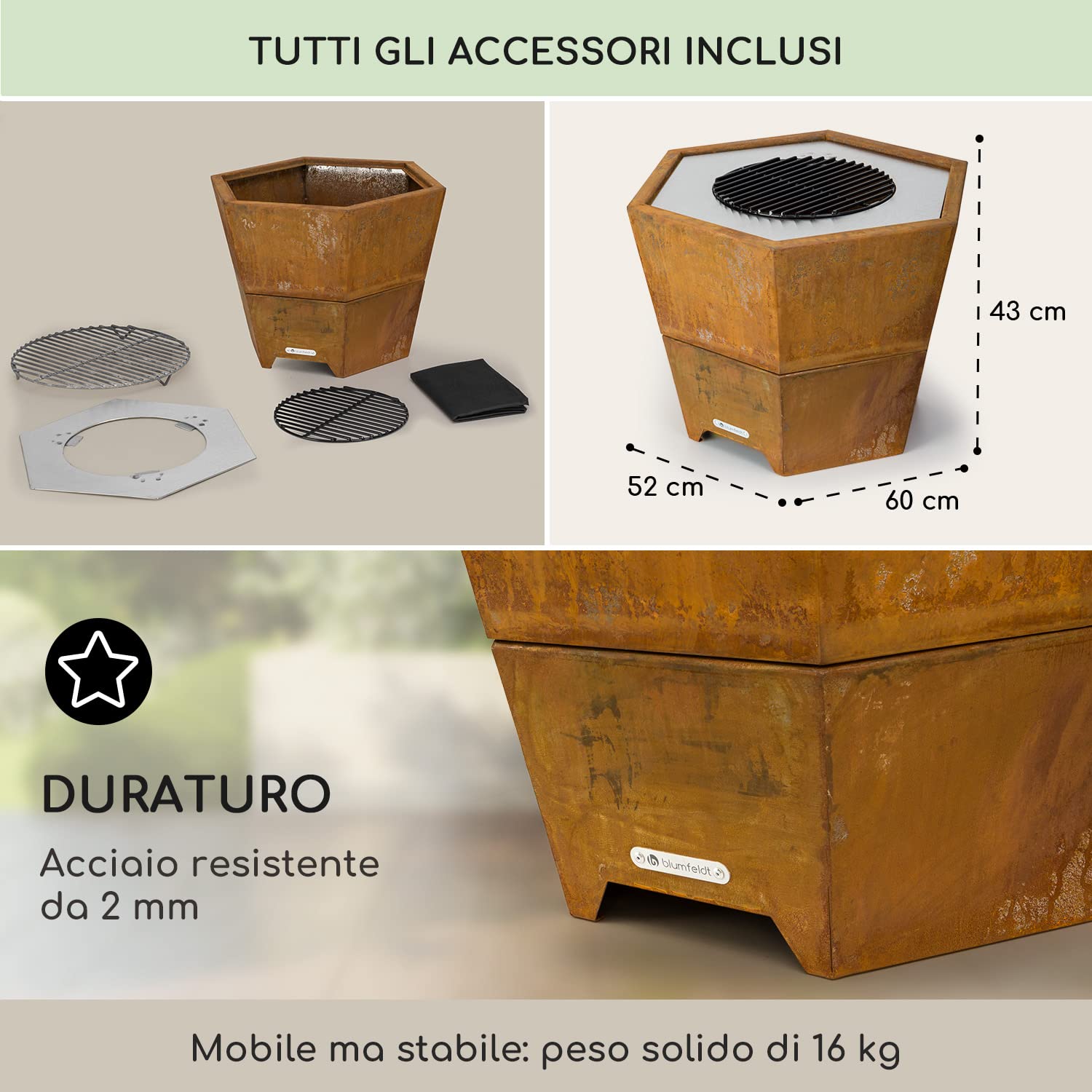 blumfeldt Braciere da Giardino, Bracere da Esterno Legna Esagonale, Braciere con Supporto, Braciere da Esterno Resistente alle Intemperie in Acciaio, Copertura Barbecue, per Campeggio e Terrazzo