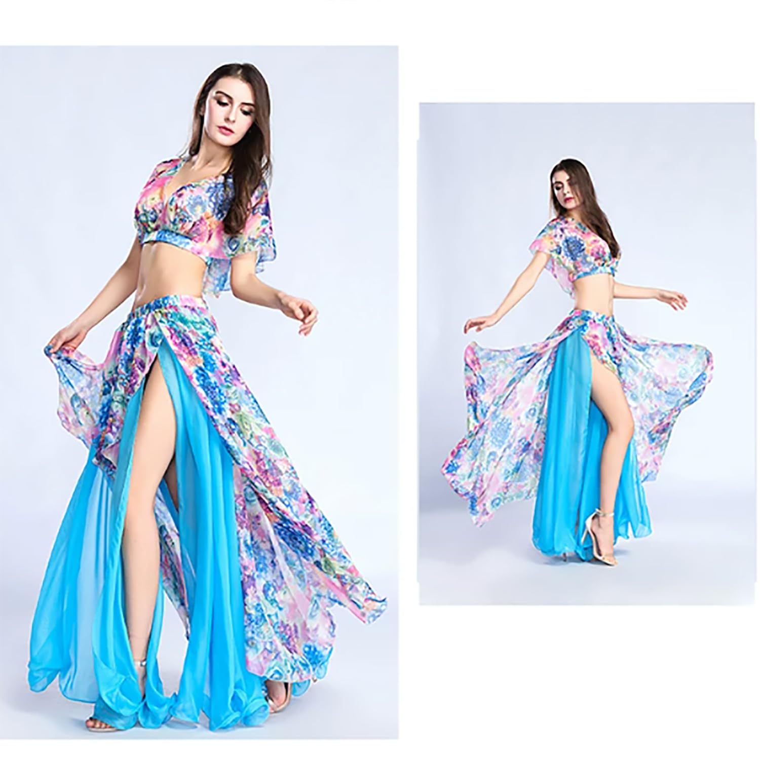 Completo da Danza del Ventre in Due Pezzi per Adulti con Stampa Floreale in Stile Bohémien Crop Top con Scollo A V E Gonna Ampia con Spacco Profondo per Donna