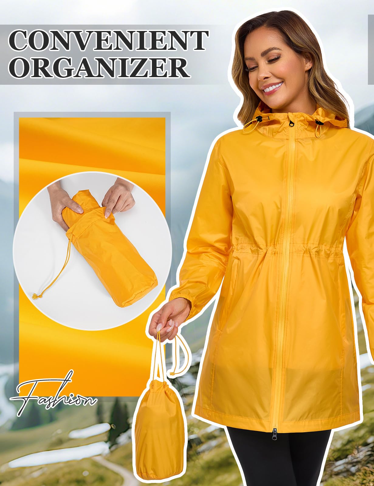 Vancavoo Chubasquero Mujer Impermeable Plegable Raincoat con Capucha Abrigo Impermeables Ligero Softshelljakce Cremallera Primavera Otoño Rain Coat
