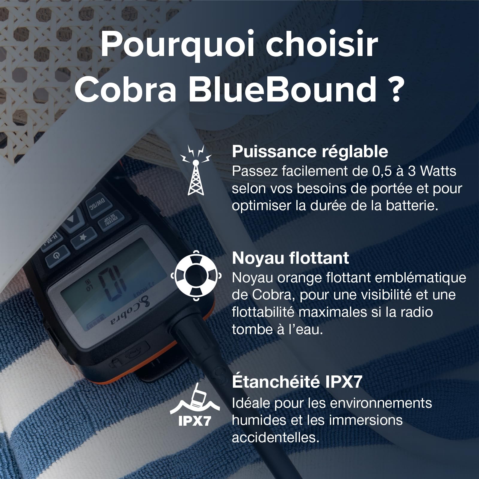 Cobra BlueBound 150 Radio VHF Marine Portable – 3 Watt, Flottant, IPX7, Submersible, Écran LCD, Clip Ceinture, Noir, 1 Pièce
