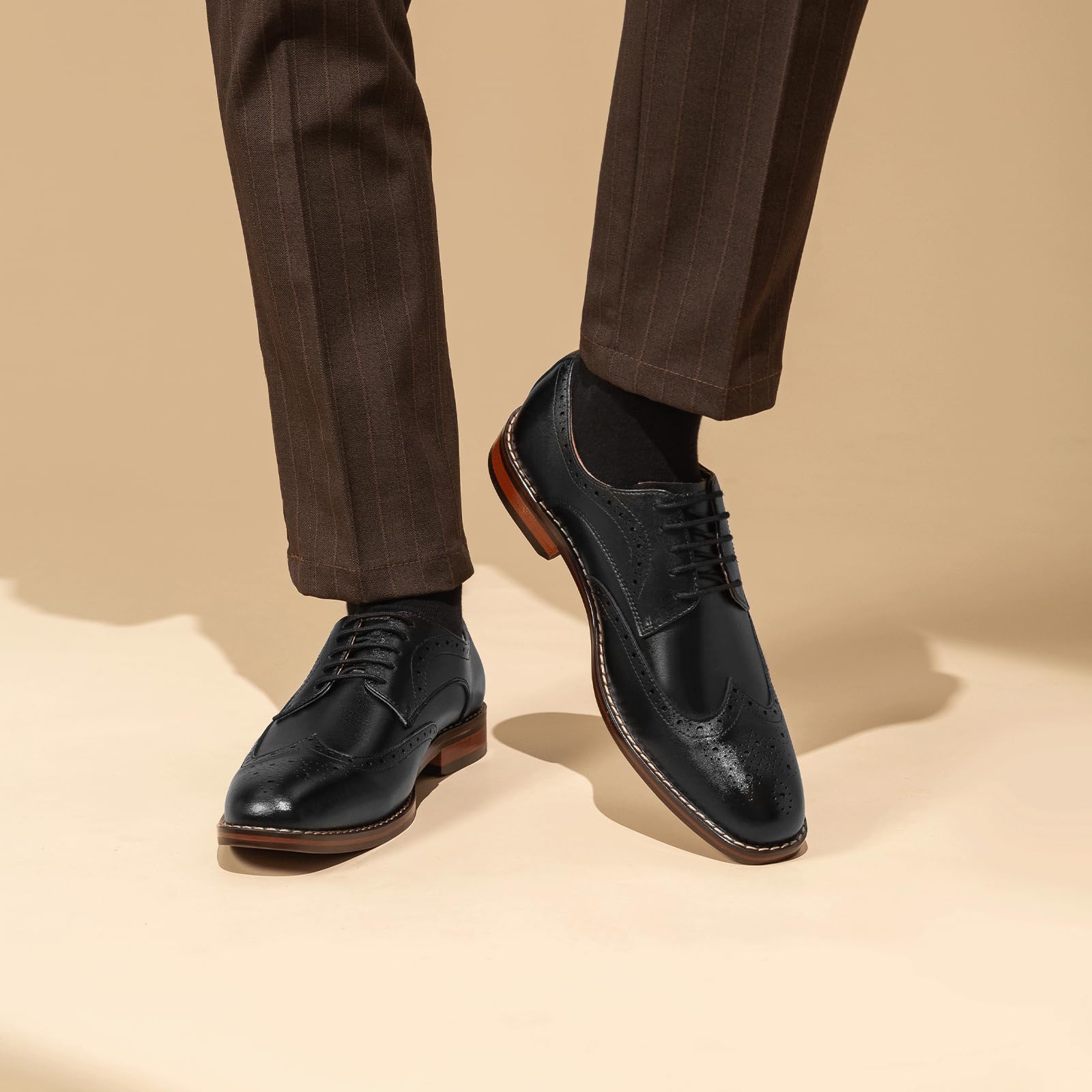 Poerkan Men's Oxford & Derby Formal Dress Shoes: Lace - up Leather Classics in Black and Brown with Patent Brogue Details