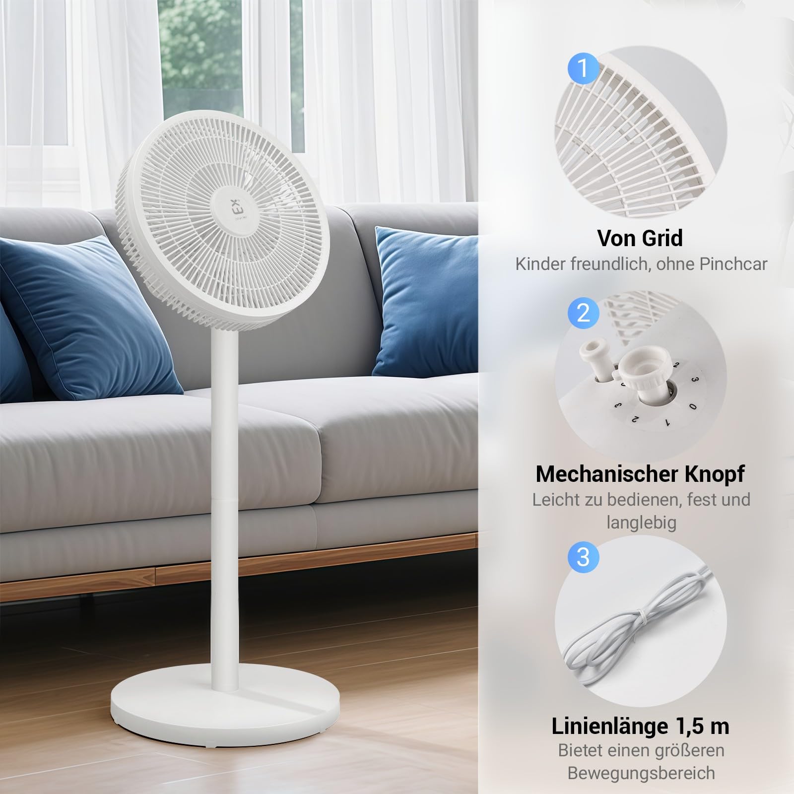 EXTRASTAR Standventilator mit abnehmbarer Stange (91cm/63.5cm), 3 Geschwindigkeitsstufen, 90° Oszillation + 35° Neigung, 50W Energiesparmodus für Schlafzimmer, Büro, Wohnzimmer (Weiß)