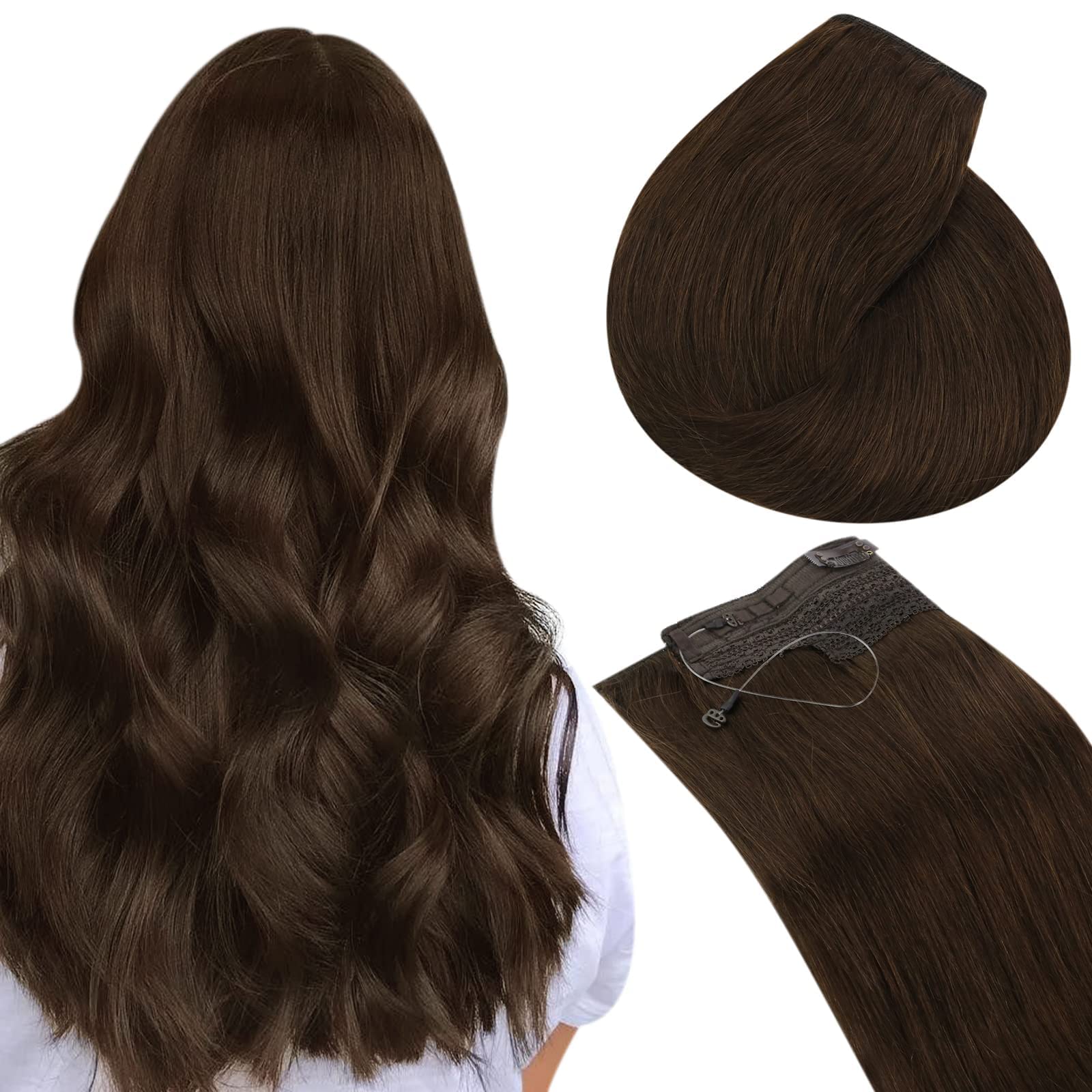 Sunny Wire Hair Extensions Real Human Hair Fish Line Human Hair Extensions Invisible Wire Extensions Chocolate Brown #4 18 InchCarbonfree Certified