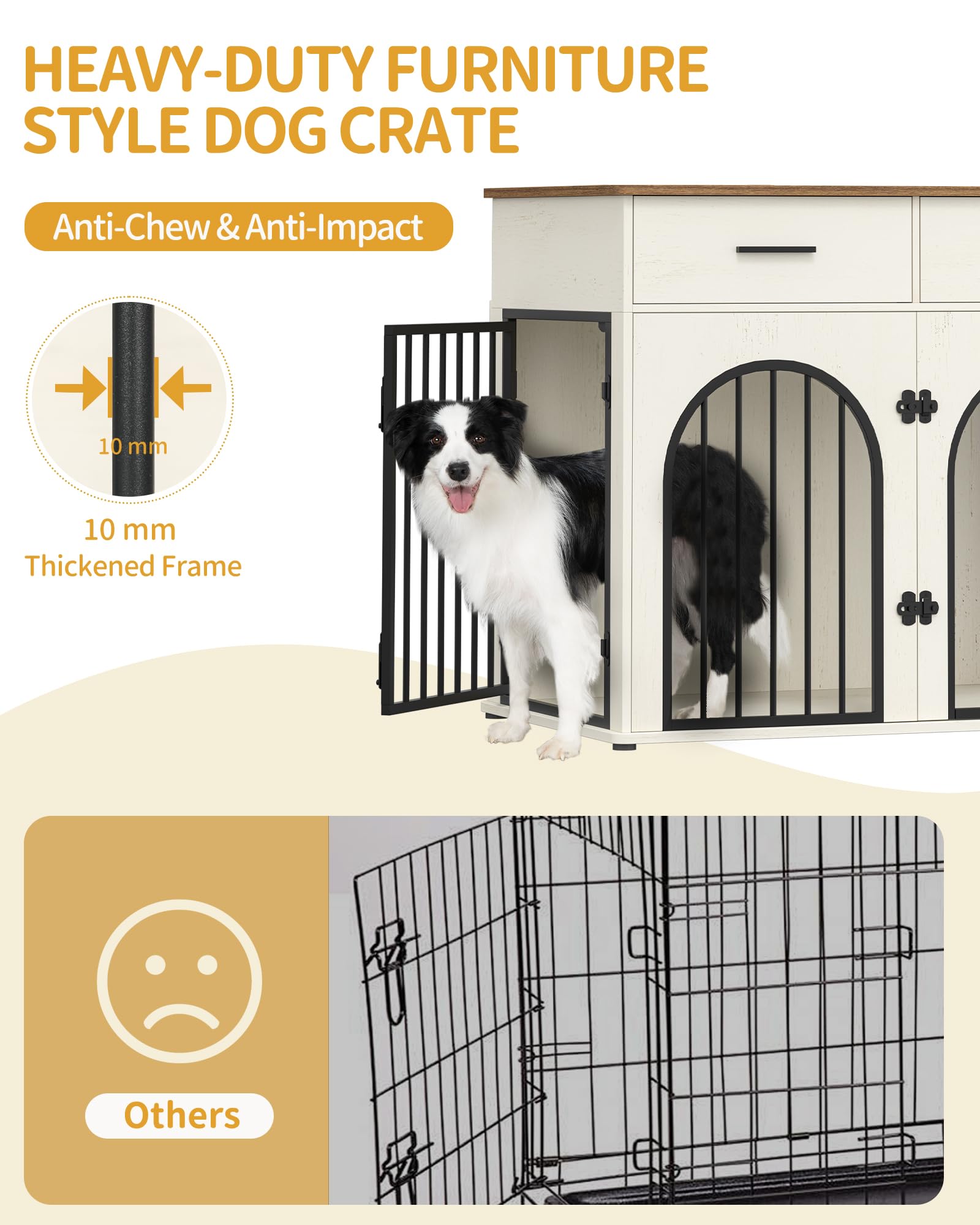 Hzuaneri 110 cm Cage pour Chien avec 2 Tiroirs de Rangement, Meuble Cage pour Chien d'intérieur avec Station de Charge, Heavy Caisse en Bois pour Chiens de Taille Grande, Blanc et Marron DFC88214BEU