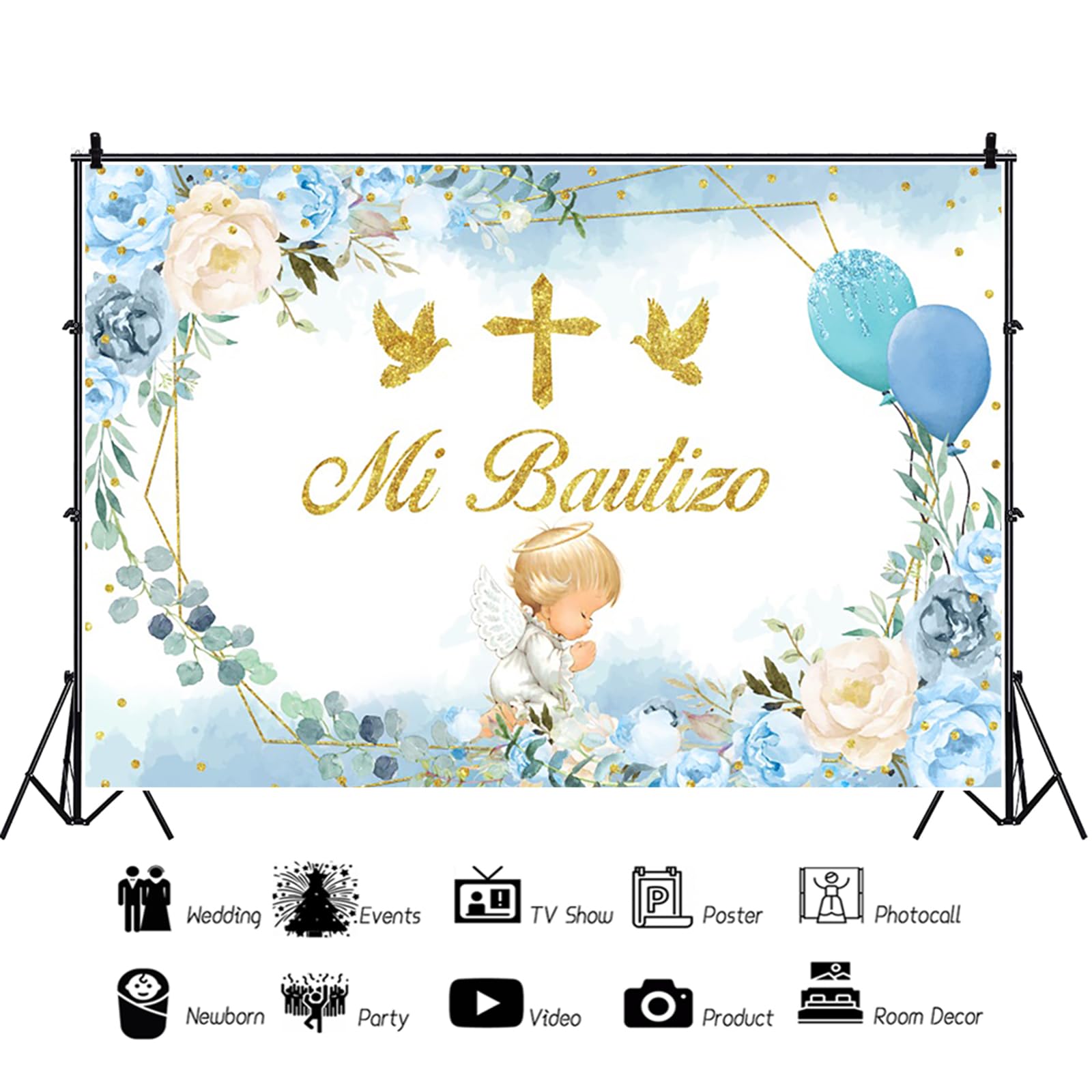 Mi Bautizo Telón de Fondo 2,2x1,5m, Globo de Flores Azules Dorado Primera Comunión Vinilo Fondo de Fotografía para Niño Comunión Bautismo Baby Shower Fiesta Fotomatón Accesorios