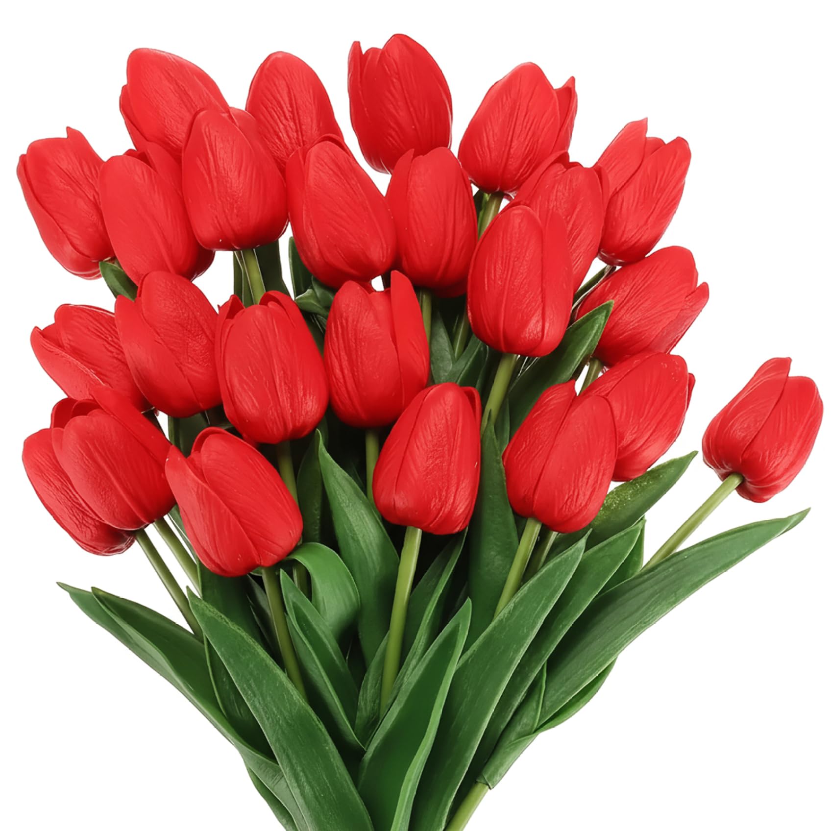 Bemonew Realistic Tulips Artificial Tulips, 20Pcs Faux with Realistic PU Flower Heads for Home Decor, Mother's Day, Valentine's Day, Table Centerpieces (Red)