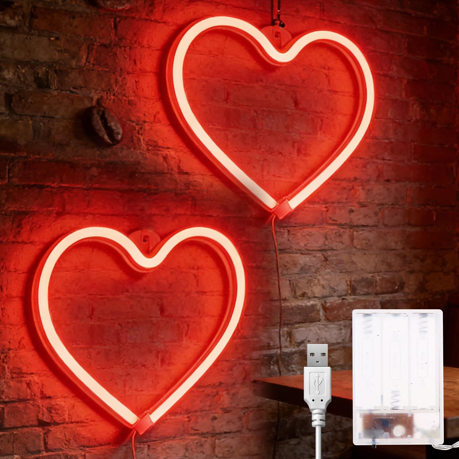 Lot de 2 Lampe Néon LED en Forme de Cœur, 21 x 20 cm Coeur Néon Signes, Coeurs Néons Lampe Signe de Néons LED Rouge, Lampes Coeurs Pour Maison Chambre D'enfants Fête D'anniversaire Bar Décor