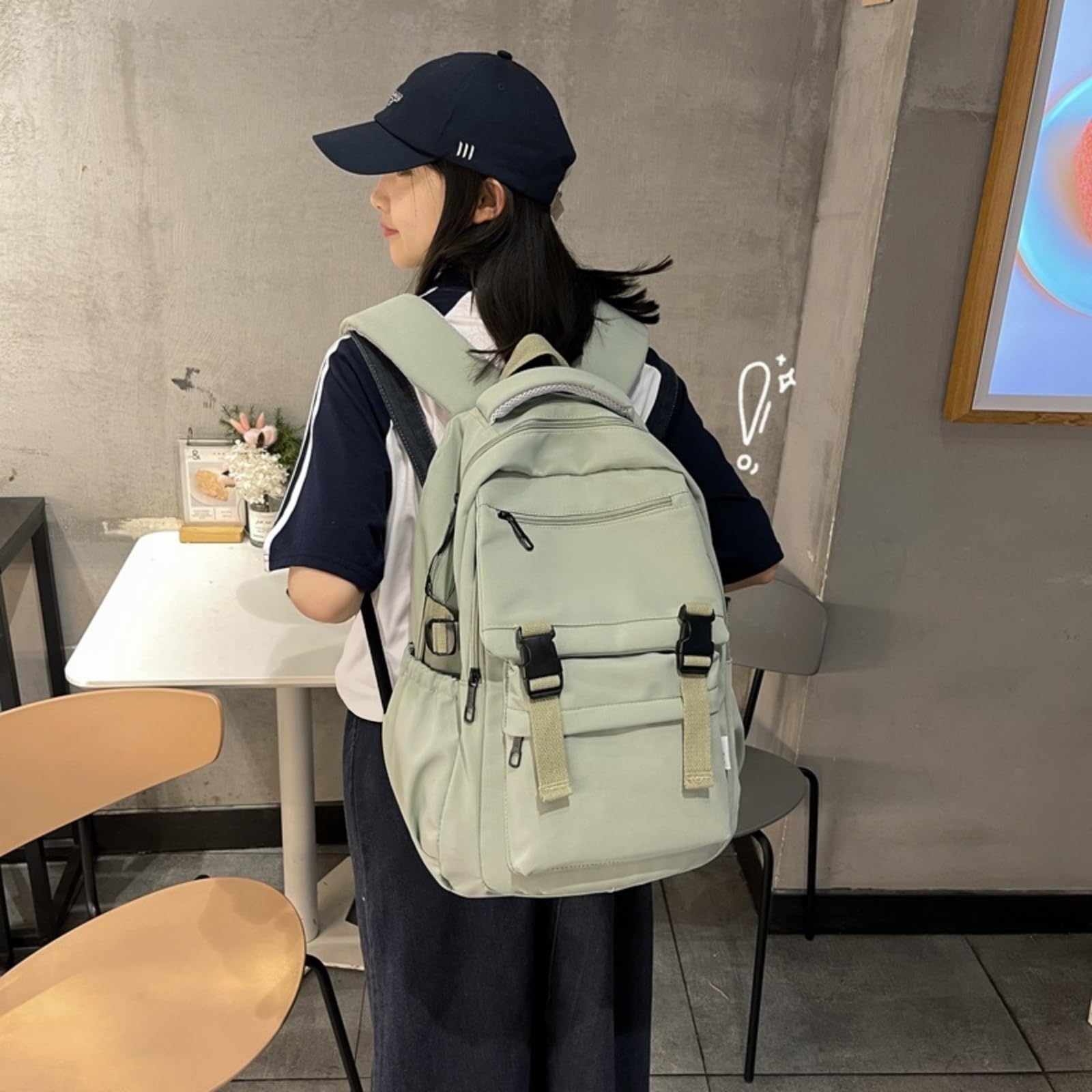 Zaino Solido Multi-Fibbia, Borsa da Viaggio Scolastica di Grande capacità per Ragazze Adolescenti Uso Giornaliero-Green