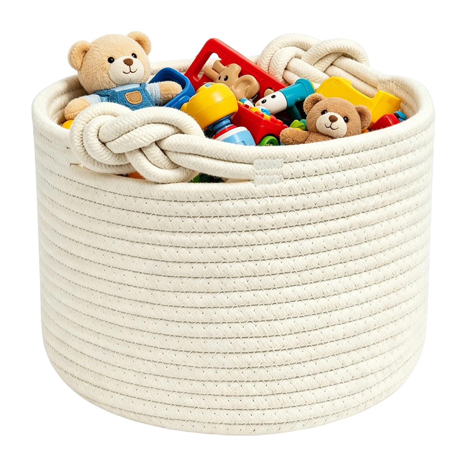 Premium Cotton Rope Woven Basket with Handles, 24x18 Cm Versatile Blanket Basket for Living Room, Durable Toy Storage Baskets, Elegant White Baskets for Home Organization.