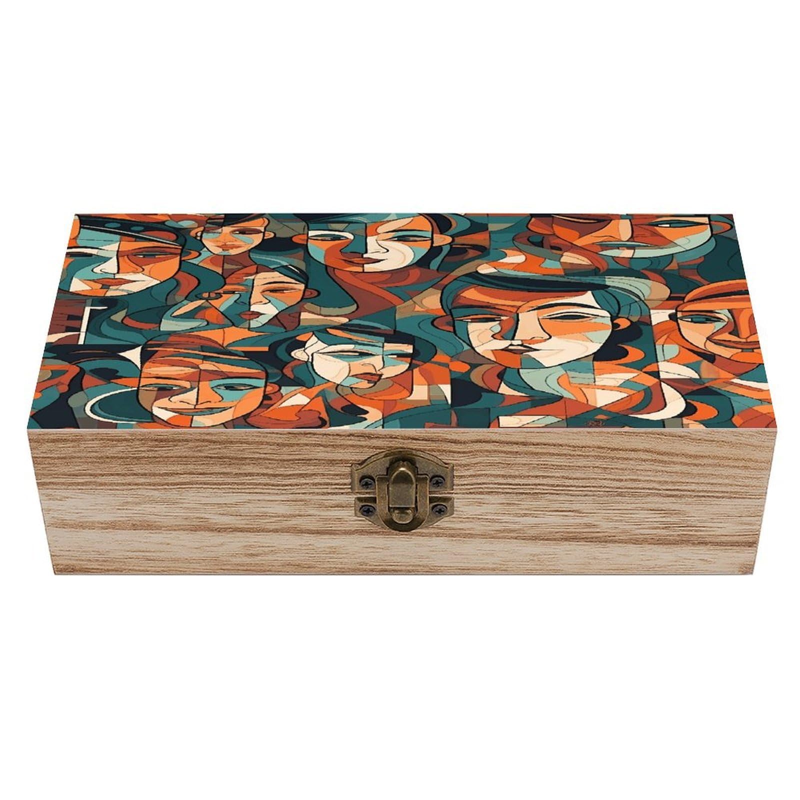 Btcowzrv Style Human Face Pattern Wooden Storage Box, Keepsake Box With Hinged And Retro Lock, Wood Jewelry Organizer For Photos & Mementos And Home Decor