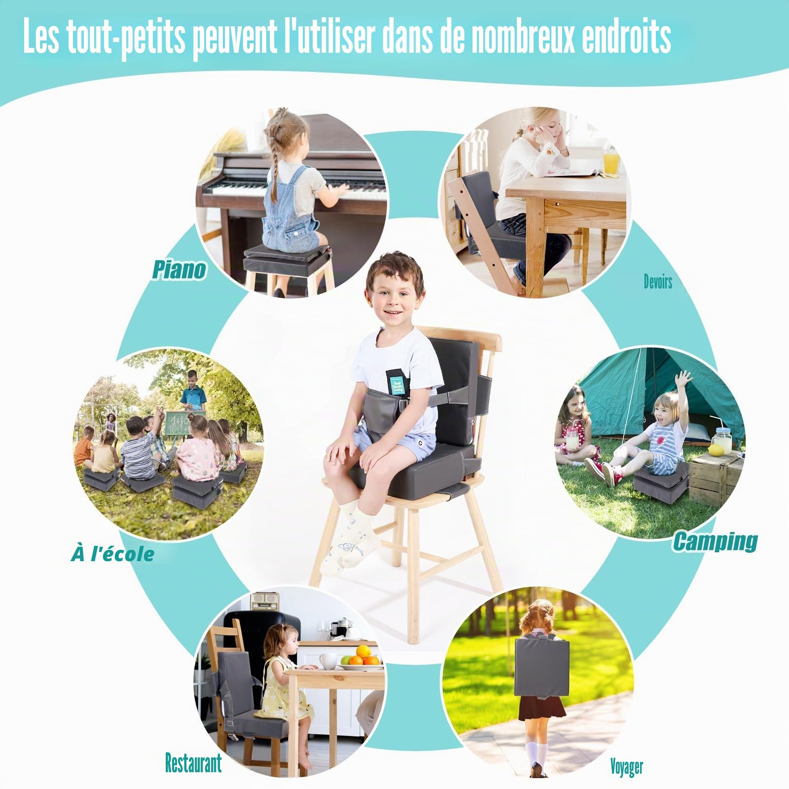 Rehausseur Chaise Enfant PU Lavable Portabilité Rehausseur Chaise Bebe Avec Dossier Ceintures de Sécurité 3 Points Antidérapant Chaise Nomade Bebe pour à La Maison Partir(Gris)