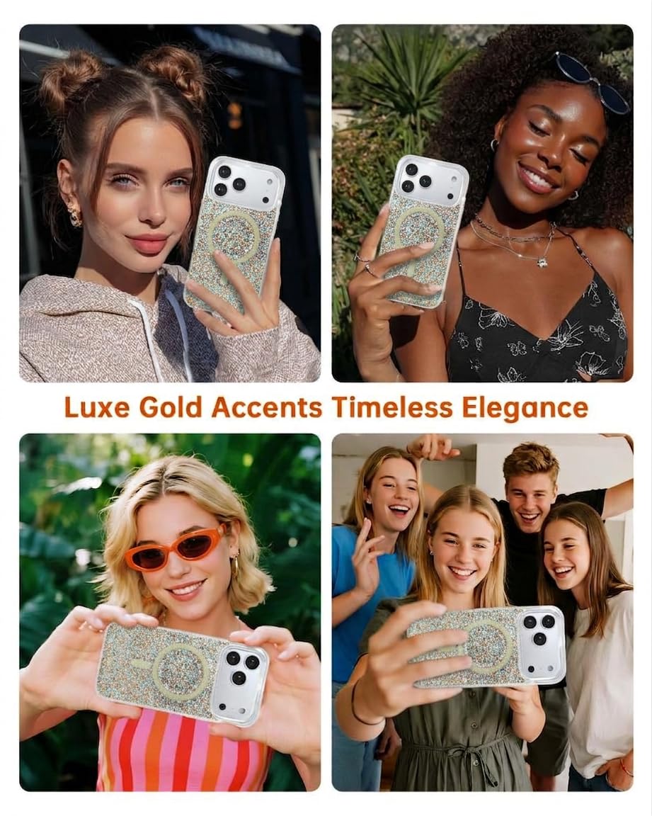 SCORPIFY Custodia magnetica per iPhone 17 Pro, compatibile con chiusura magnetica, design elegante color champagne, carina custodia magnetica da donna, con finitura glitterata