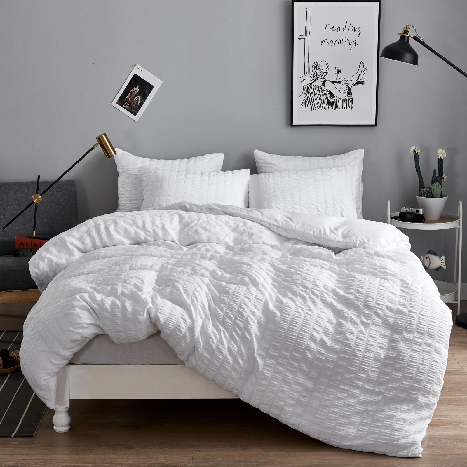 Freyamy Seersucker Bettwäsche 135x200 Weiß Geprägt Gestreift Bettwäsche Set | Aesthetic Bettwäsche Mädchen, 2 teilig Unifarben, Microfaser ÖKO-TEX Bettbezug mit Reißverschluss und 1 Kissenbezug 80x80cm