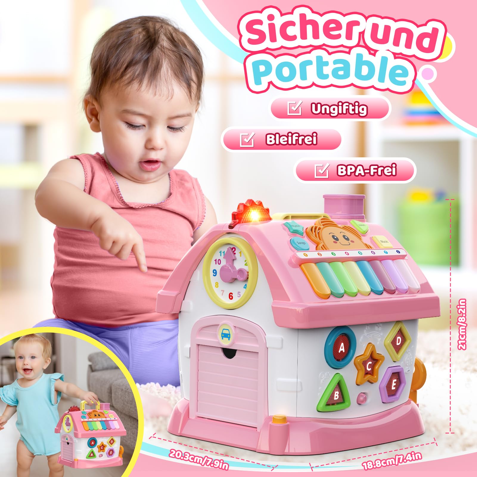 Spielzeug ab 1 2 3 Jahre Mädchen: Montessori Spielzeug ab 1 Jahr, 6 in 1 Multi-Funktions-Haus Baby-Spielzeug mit Musik, Uhr, Licht, Telefon, Auto, Geburtstag Geschenk für Mädchen 1-3 Jahre (Rosa)