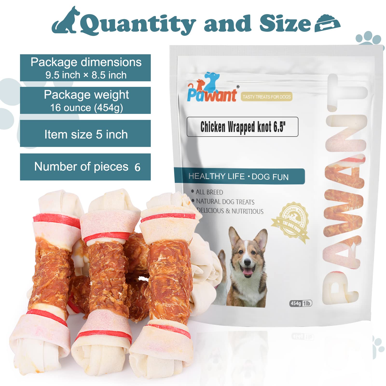 Trata de Perro Perrito Aperitivos de Entrenamiento Promueve la Salud Masticar Pollo Nudo Envuelto 6.5" 1lb