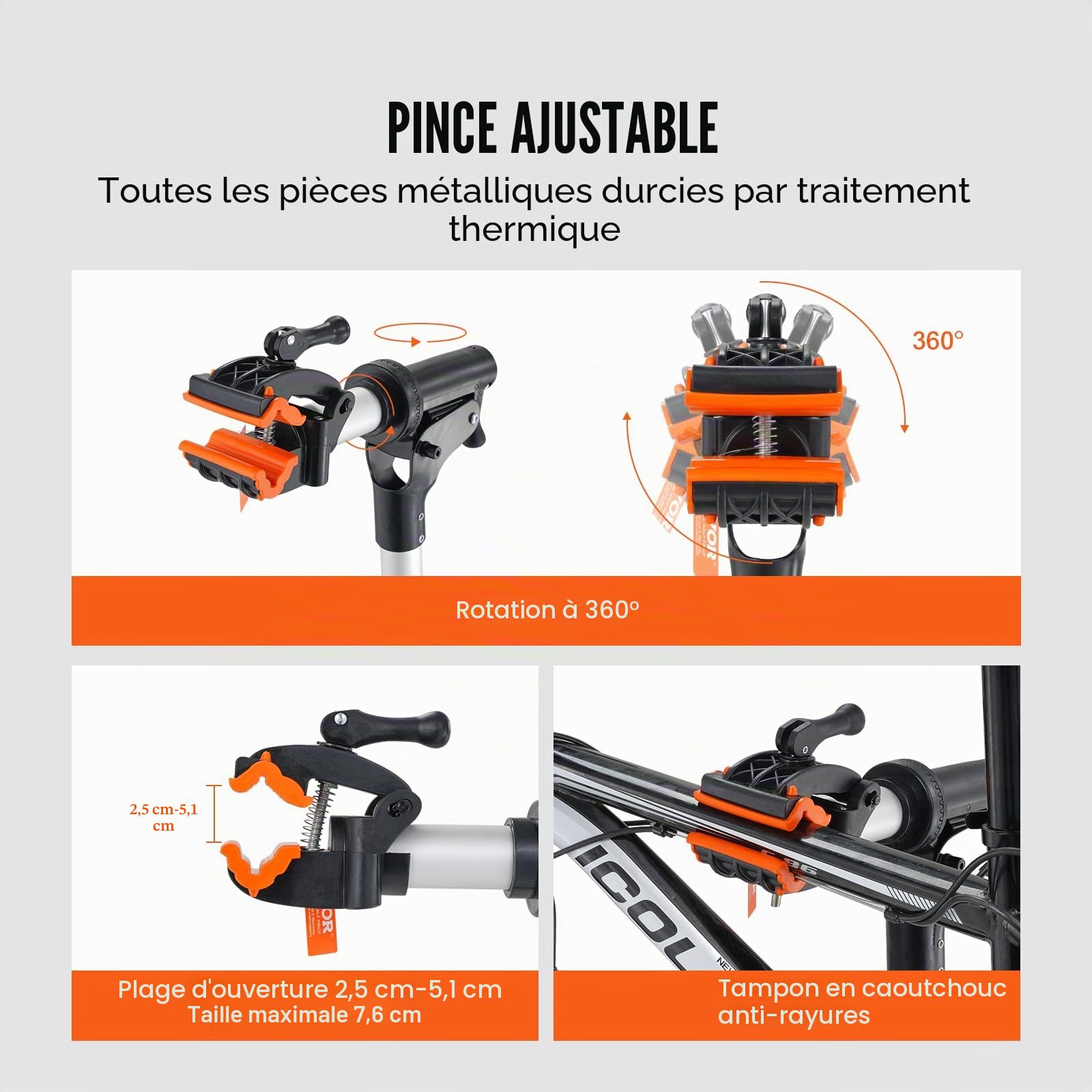 VEVOR Pied d'Atelier Vélo Pliable Charge 30 kg Support de Réparation de Vélo Aluminium Réglable en Hauteur Pince Pivotant 360° Stand de Bicyclettes avec Plateau à Outils Réparation Vélos Électriques