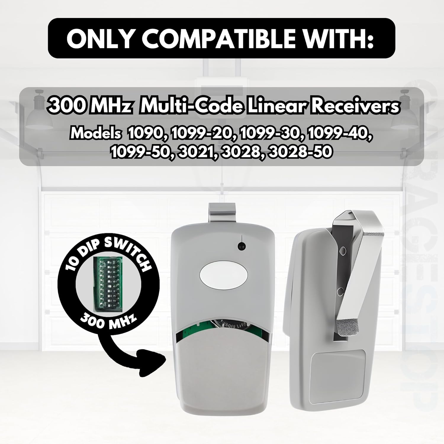 Image highlighting the 10 dip switch 300 MHz compatibility of the GARAGE STOP remote, showing the internal dip switches and the remote with a visor clip.