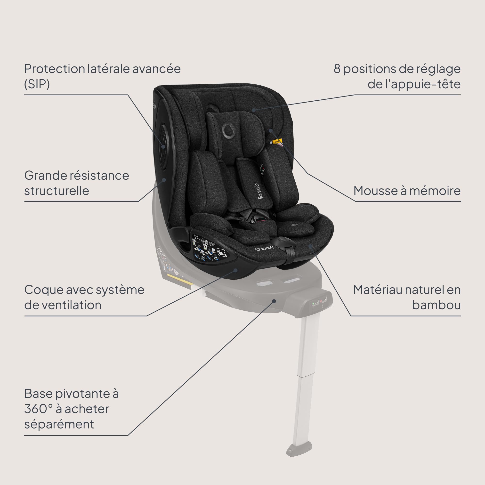 Lionelo Moxie Next i-Size Siège Auto Pivotant Pour Bébé Env. 0-4 Ans (40-105 Cm), 0-18 Kg, Installation Sur Base Rotative 360°, Protection Latérale SIP (Black)