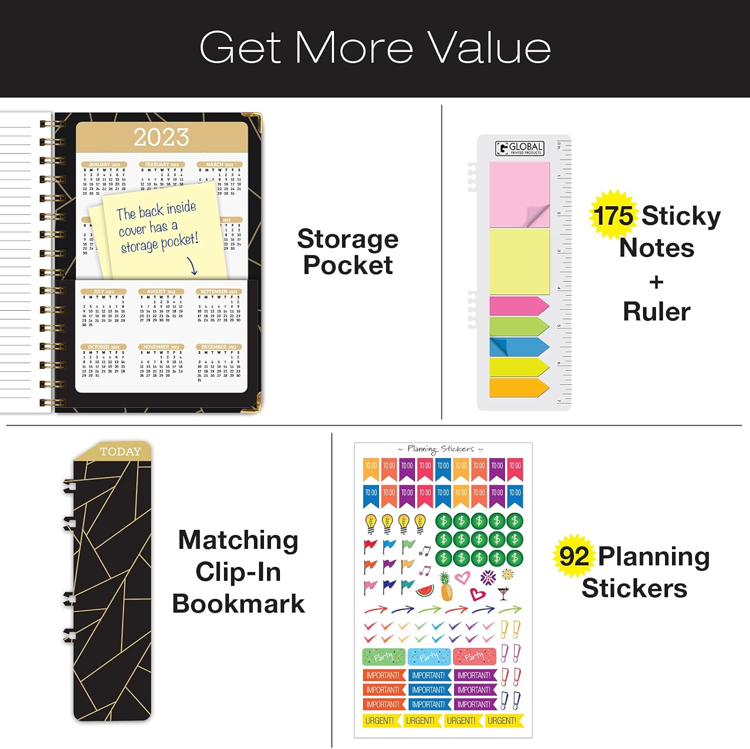 HARDCOVER 2022 Planner: (November 2021 Through December 2022) 5.5"x8" Daily Weekly Monthly Planner Yearly Agenda. Bookmark, Pocket Folder and Sticky Note Set (Black Gold Triangles) : Office Products