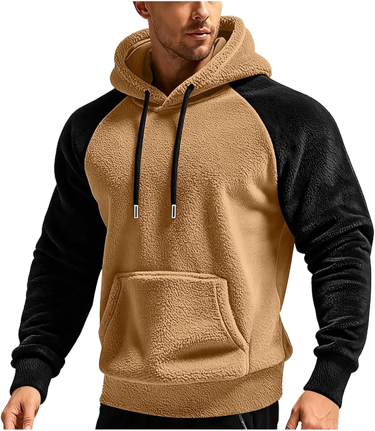 Men's Plush Fleece Hoodie Long Sleeve Casual Pullover Top | Plush Fleece Texture With Contrast Sleeves, Drawstring Hood, And Kangaroo Pocket For Cozy Casual Outfits