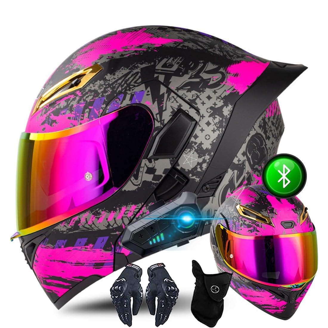 Casco De Moto Abatible con Doble Visera HD, Casco De Moto Modular Bluetooth para Hombres Y Mujeres, Casco Homologado ECE, S~XXL