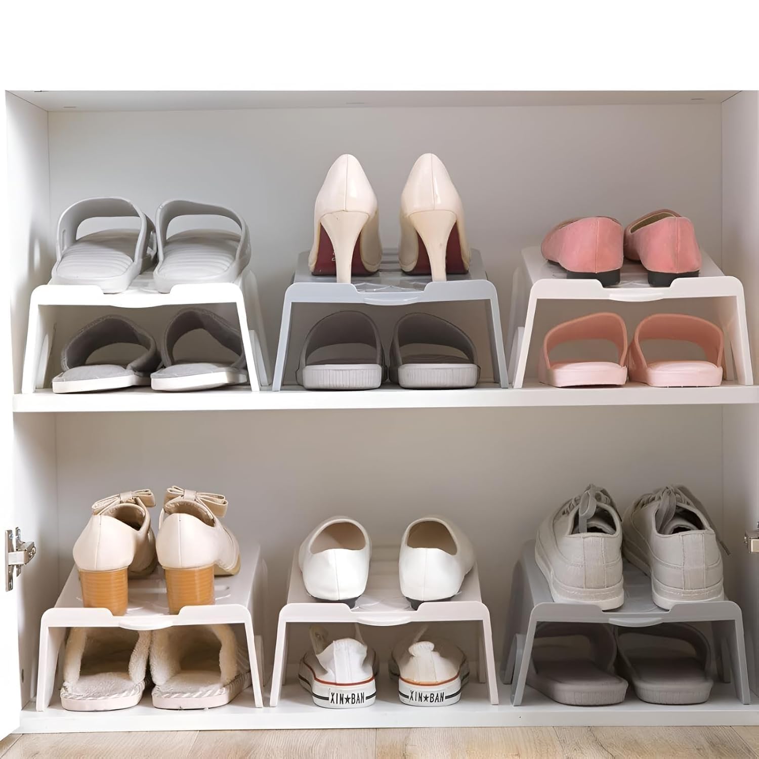 Shoe Organizer for Shoe | Plastic Stacker Slot Space Saver | Double Deck Shoe Holder Adjustable Storage Organiser | Shoe Holder Stand for Wardrobe Storage Slots Organizer (Pack of 6)-image-22