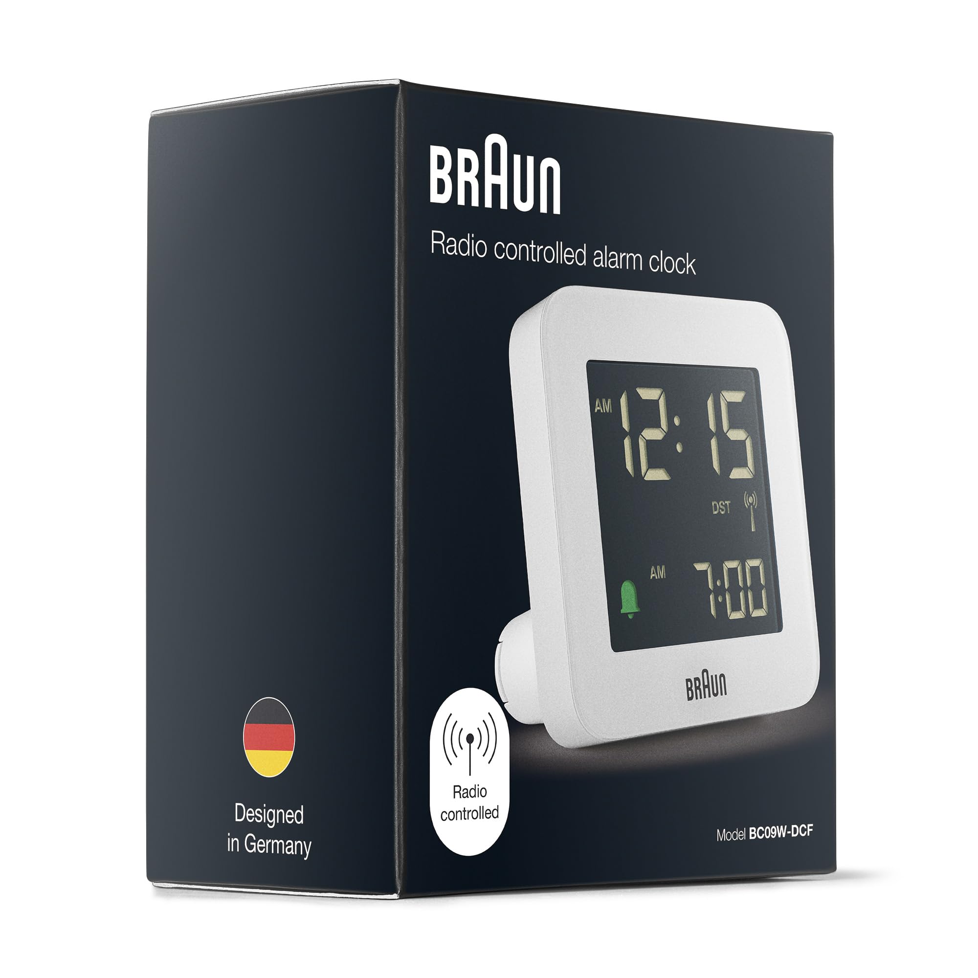 Braun Digitaler Funkwecker Mitteleuropäische Zeitzone (MEZ) mit Schlummerfunktion, Negatives LC-Display, Schnelleinstellfunktion, Crescendo-Alarm in Weiß, Modell BC09W-DCF.