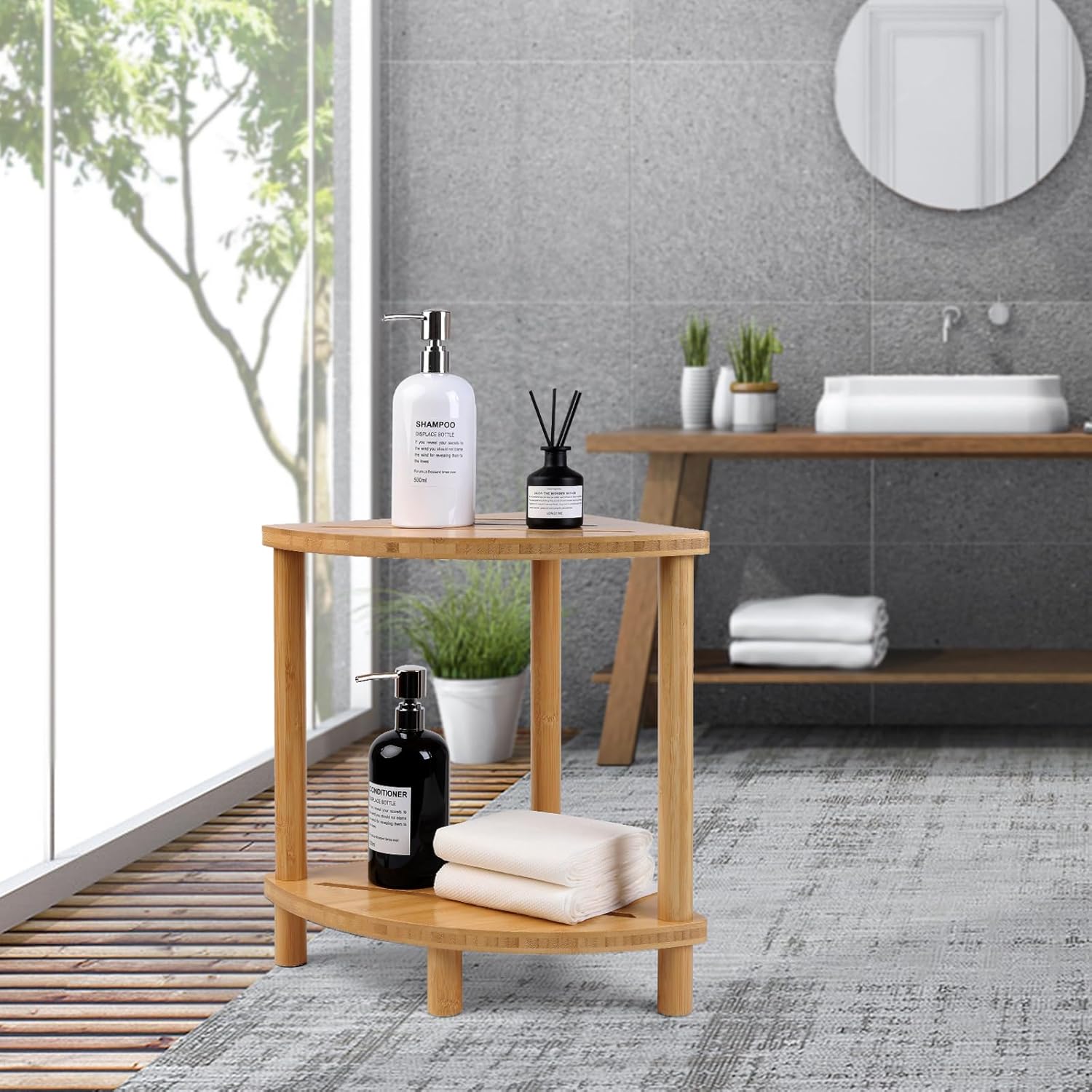 Upgraded Bamboo Corner Shower Stool for Inside Shower Waterproof,2-Tier Shower Foot Rest with Storage Shelf,Corner Shower Shelf Bench Caddy Shaving Leg,Bath Seat,Gifts for Women Mom