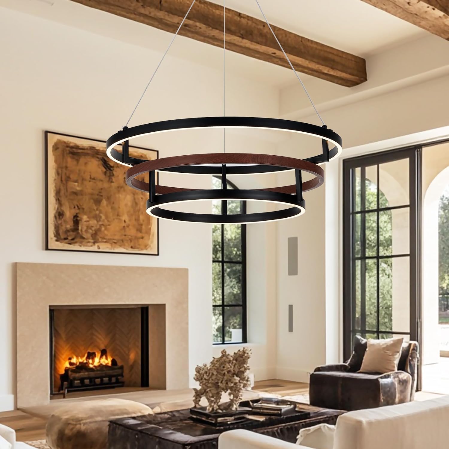 Three-Ring 24-inch Black Vintage Wood-Grain Farmhouse LED Chandelier with Remote Control and dimmable Brightness, Suitable for Dining Room, Kitchen, and Living Room. (black-24)