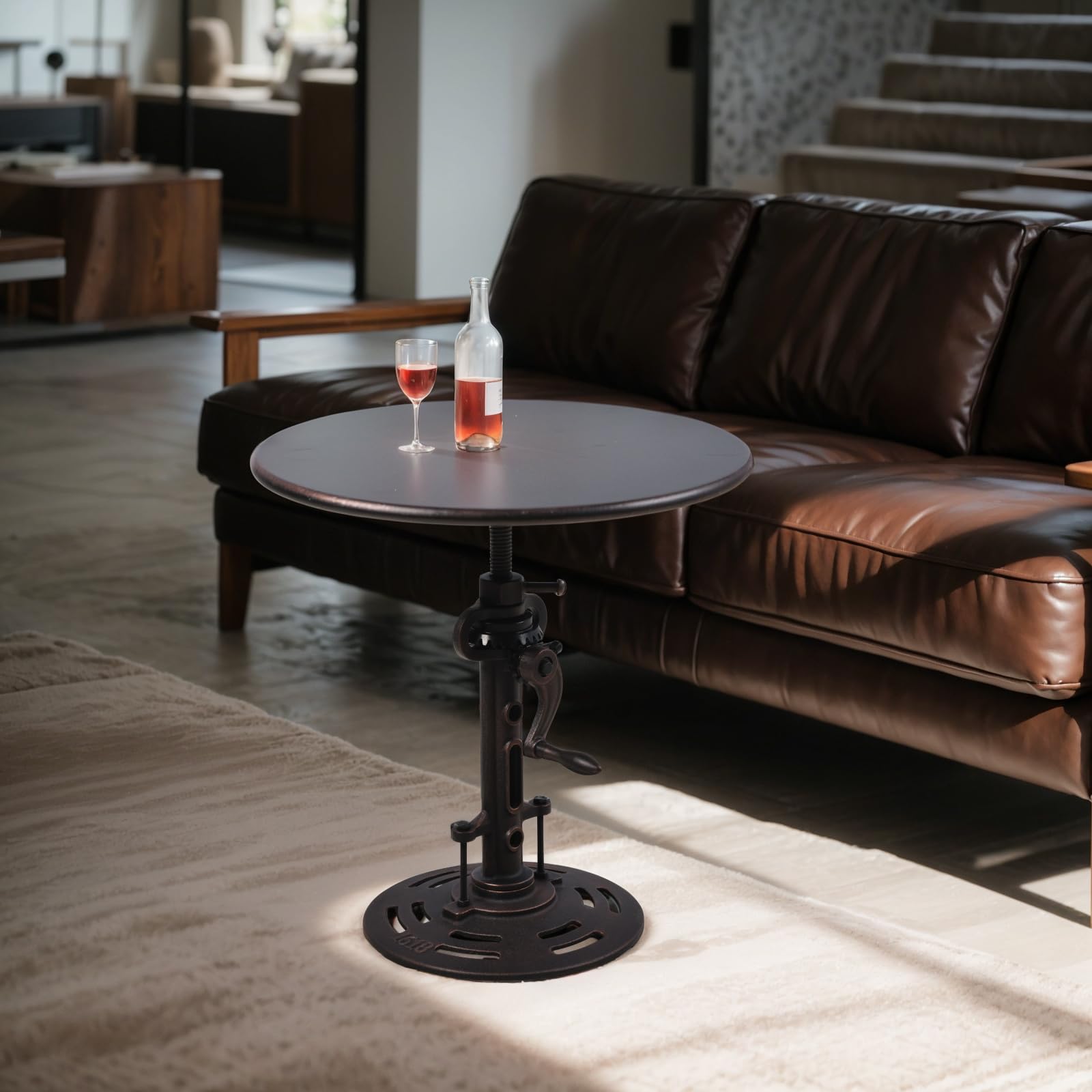 Round 19.6'' Coffee Industrial Style Hand Crank Metal Tea Table | Adjustable Height Side Table for Living Room, Bedroom and Balcony (Copper)