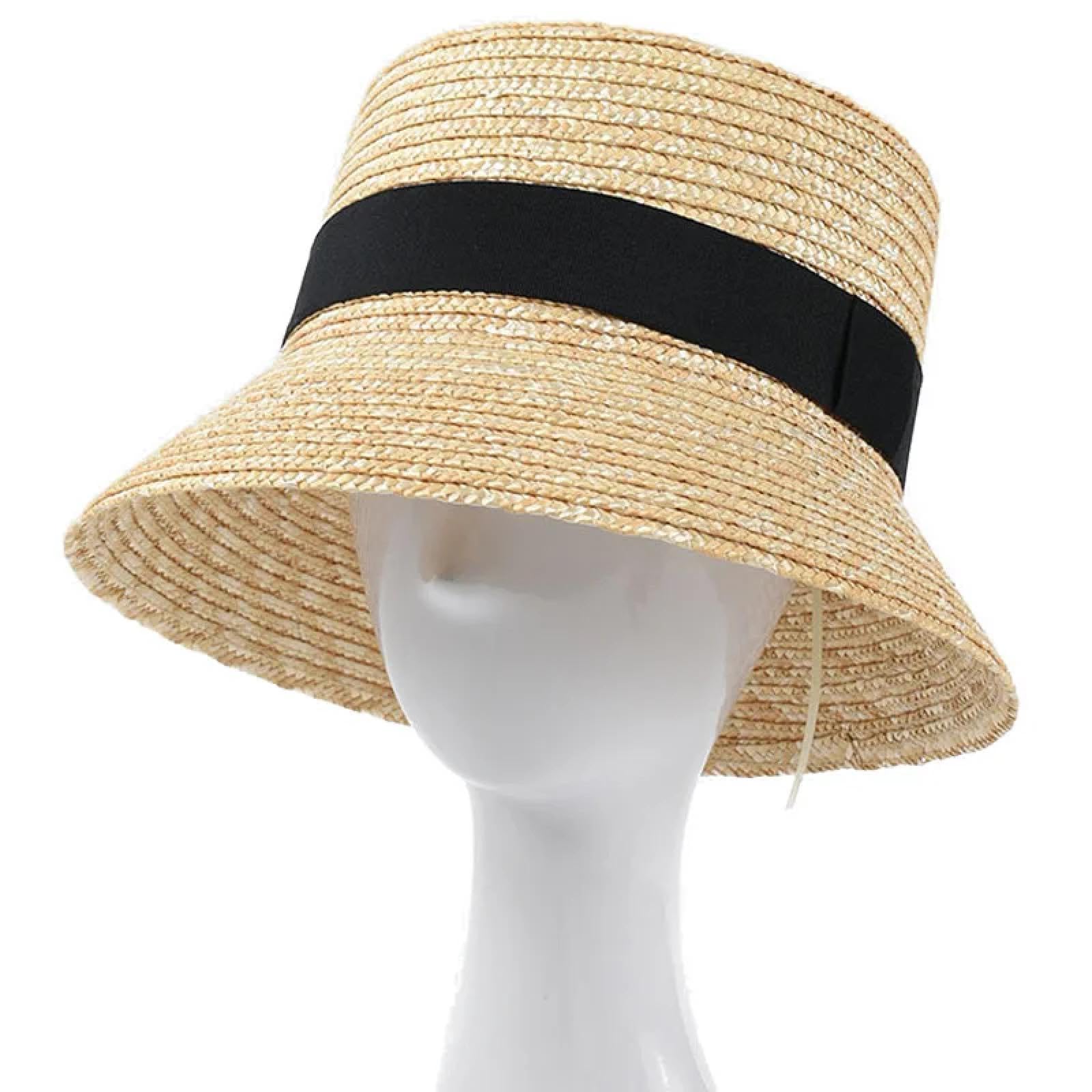 Sonnenhut Strohhut Hut Handgemachte Hüte Für Frauen Damen Sonnenhut Große Perlen Kette Beige Strohhut Adjuatble Strand Mütze Breite Krempe 56-59Cm 04