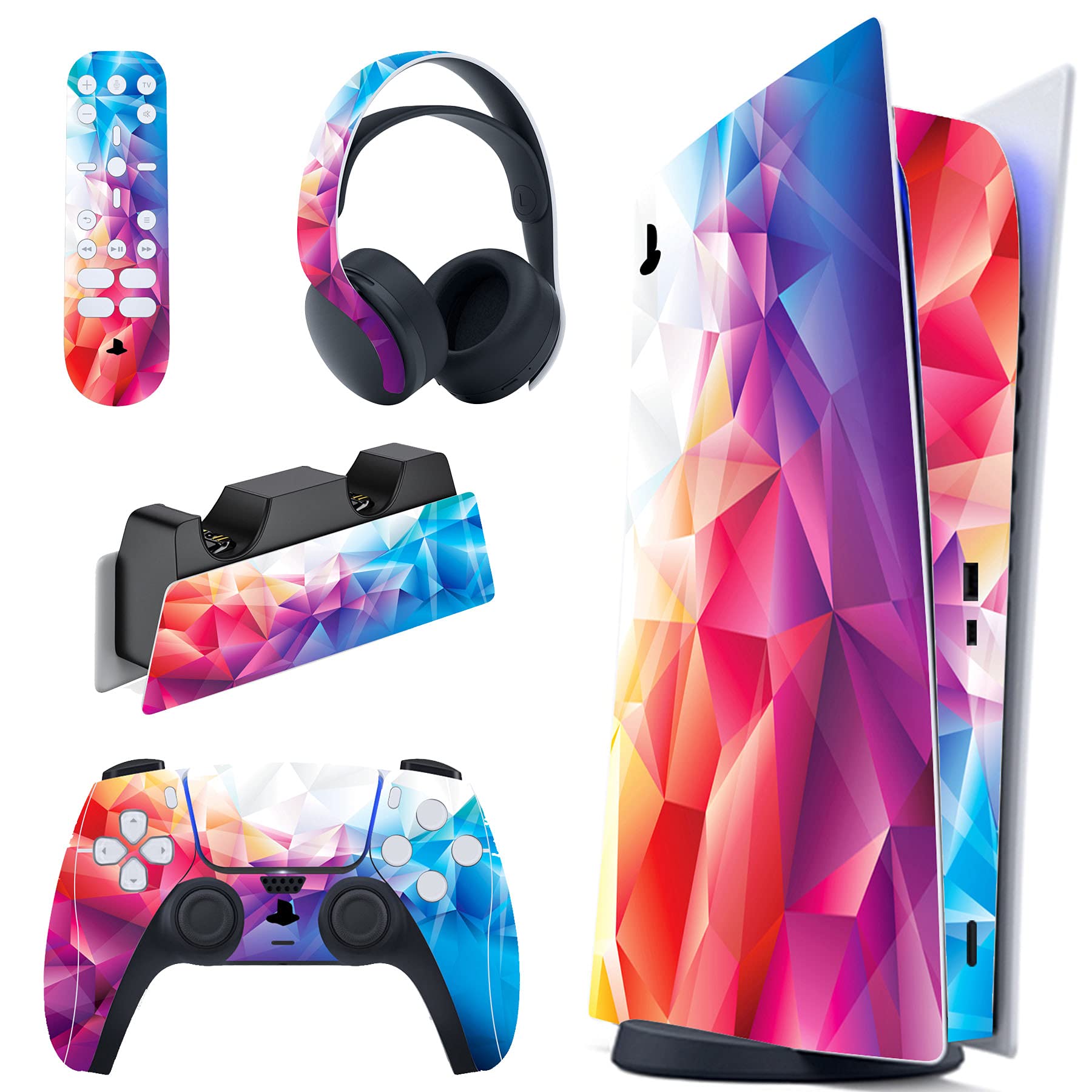 PlayVital Dazzling Prism Full Set Skin Decal for PS5 Console Digital Edition, Sticker Vinyl Decal Cover for PS5 Controller & Charging Station & Headset & Media Remote
